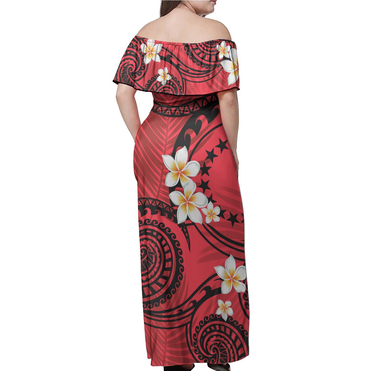 Cook Islands Off Shoulder Long Dress Plumeria Flowers Tribal Motif Red Version