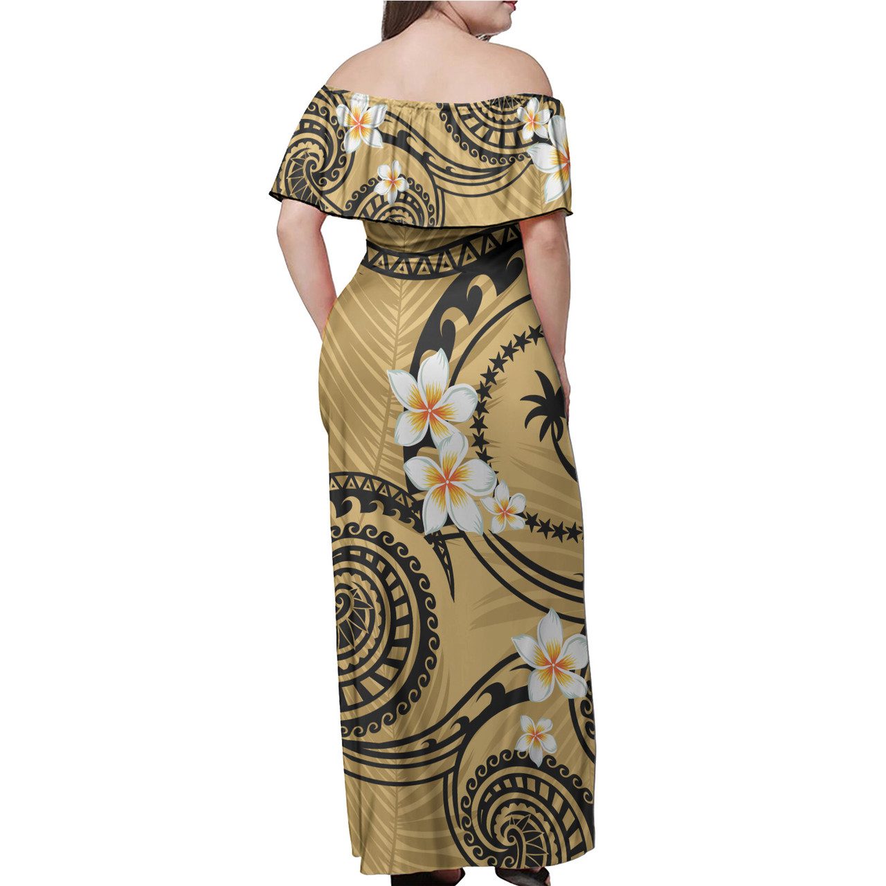 Chuuk State Off Shoulder Long Dress Plumeria Flowers Tribal Motif Yellow Version