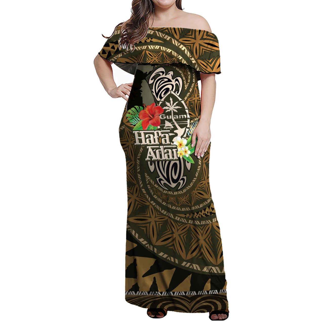 Guam Off Shoulder Long Dresses – Hafa Adai Seal Flower Tropical Retro Style