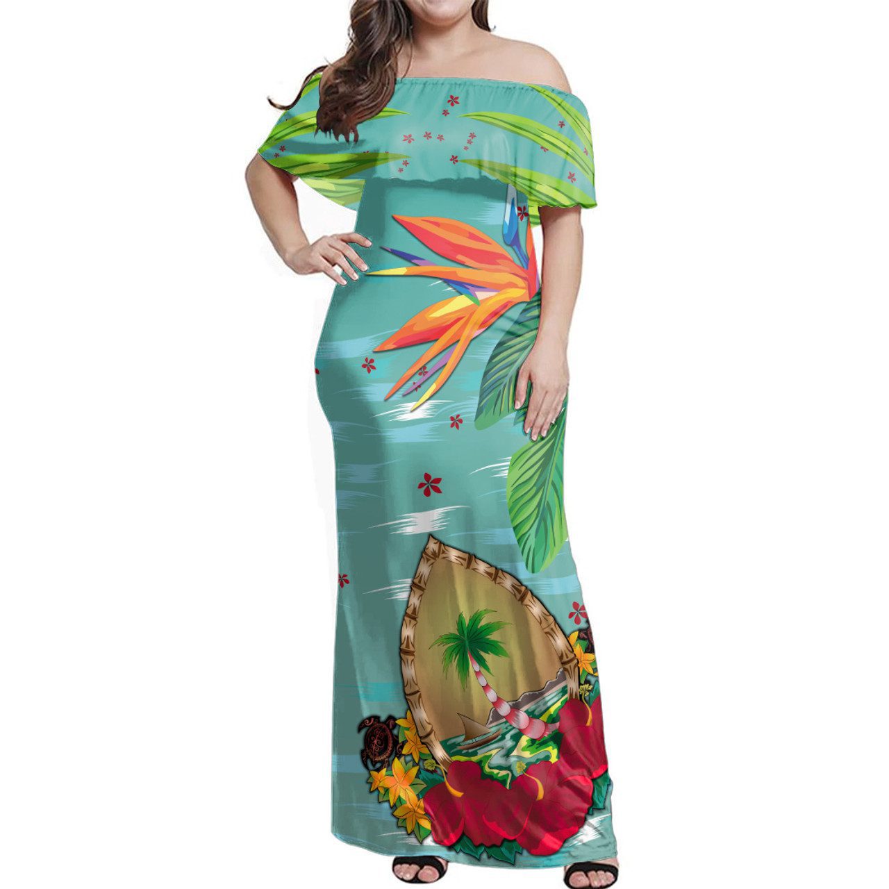 Guam Woman Off Shoulder Long Dress Latte Stones Hibiscus