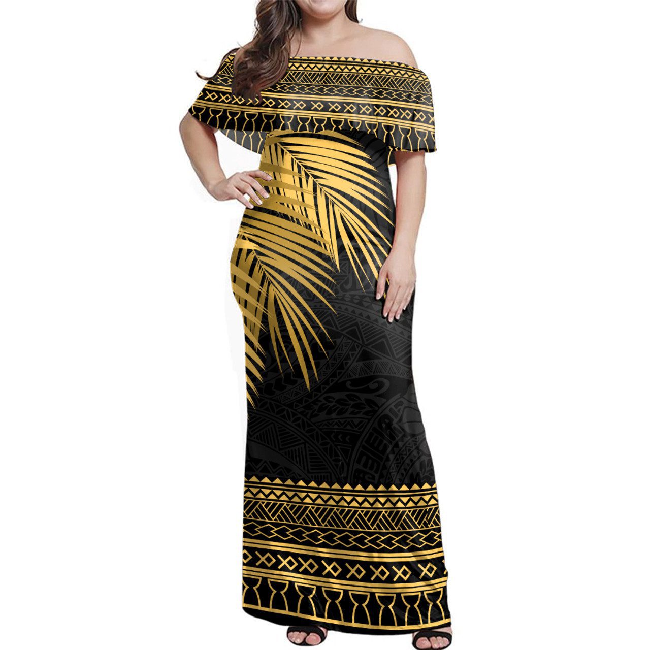 Guam Woman Off Shoulder Long Dress Micronesian Fabric Leaves Golden