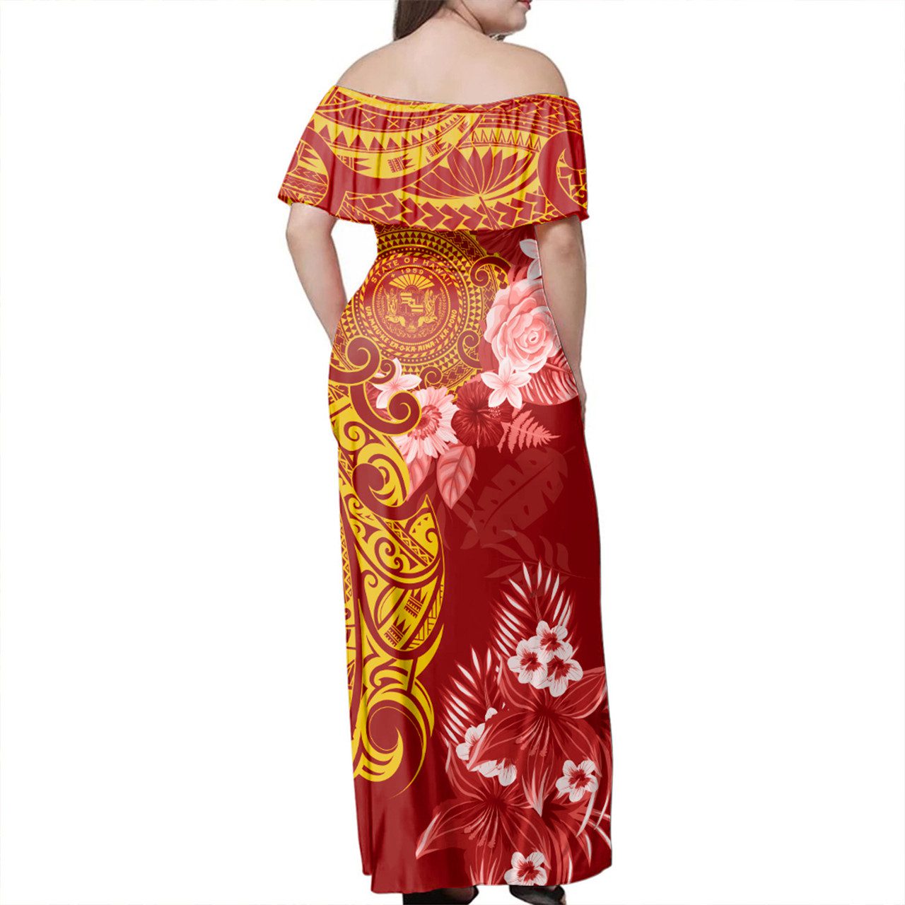 Hawaii Off Shoulder Long Dress Polynesian Tropical Plumeria Tribal Red
