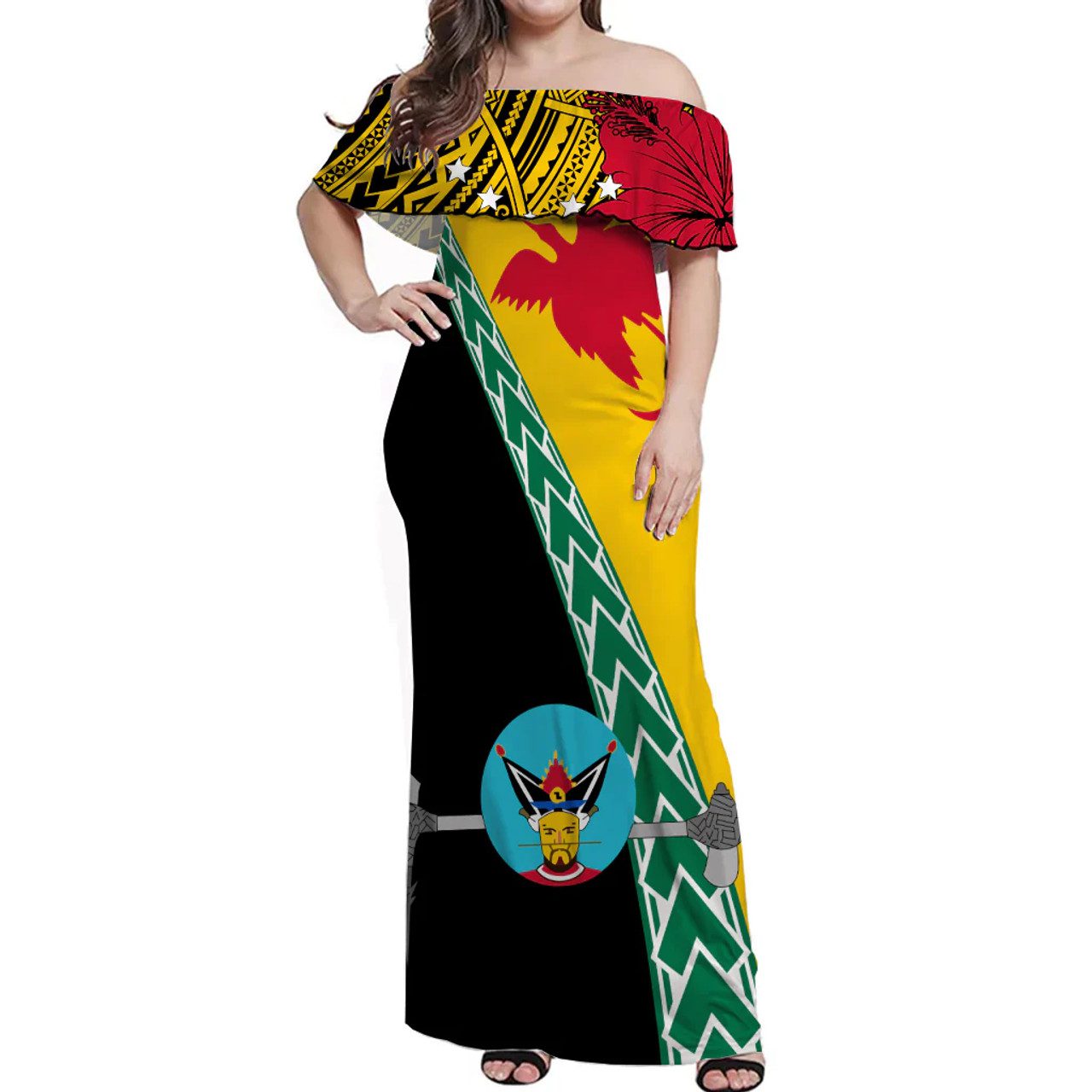 PNG Hibiscus Tribal Pattern Off Shoulder Long Dress Hela Province