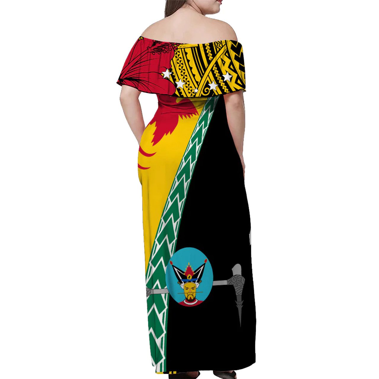 PNG Hibiscus Tribal Pattern Off Shoulder Long Dress Hela Province