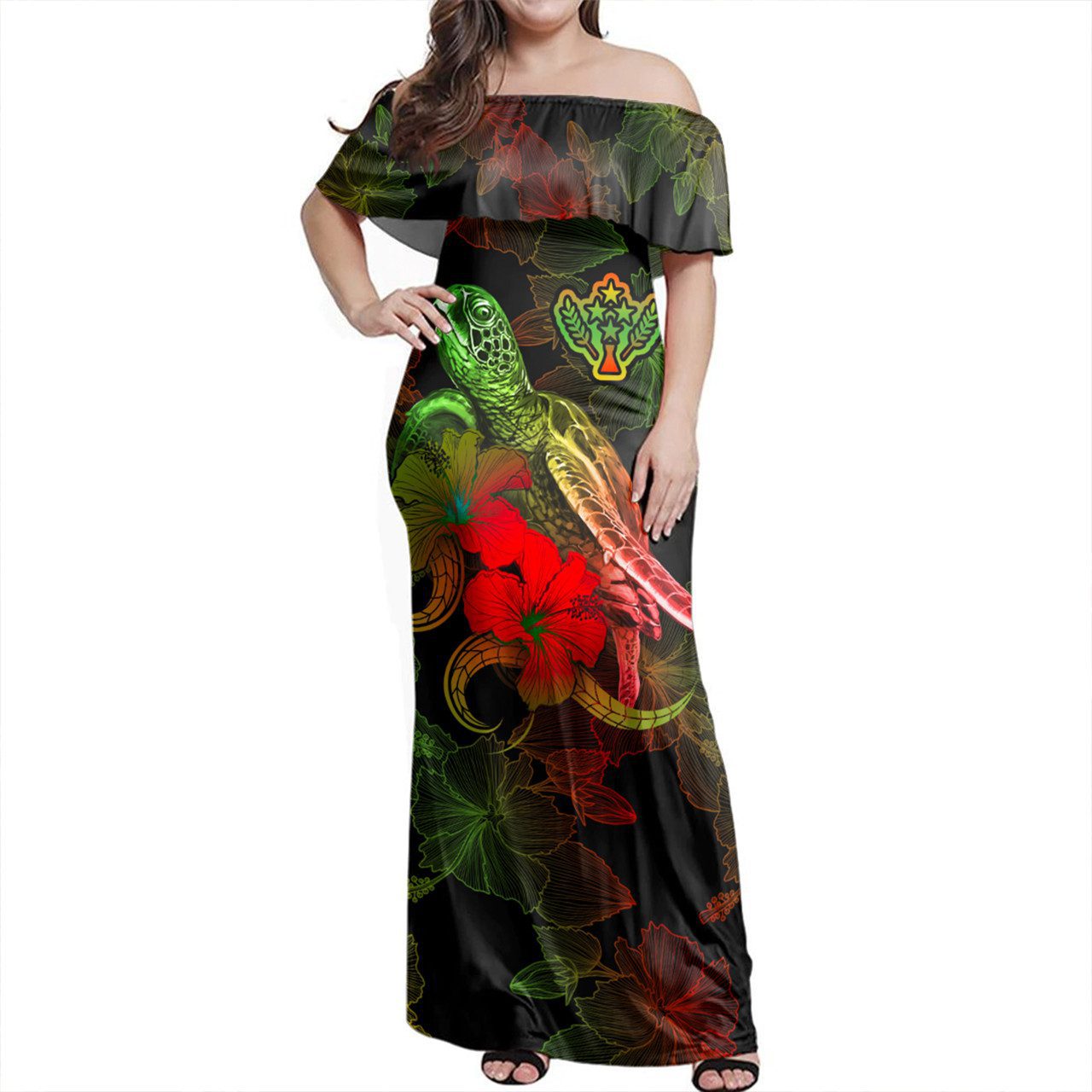 Kosrae Woman Off Shoulder Long Dress – Sea Turtle With Blooming Hibiscus Flowers Reggae