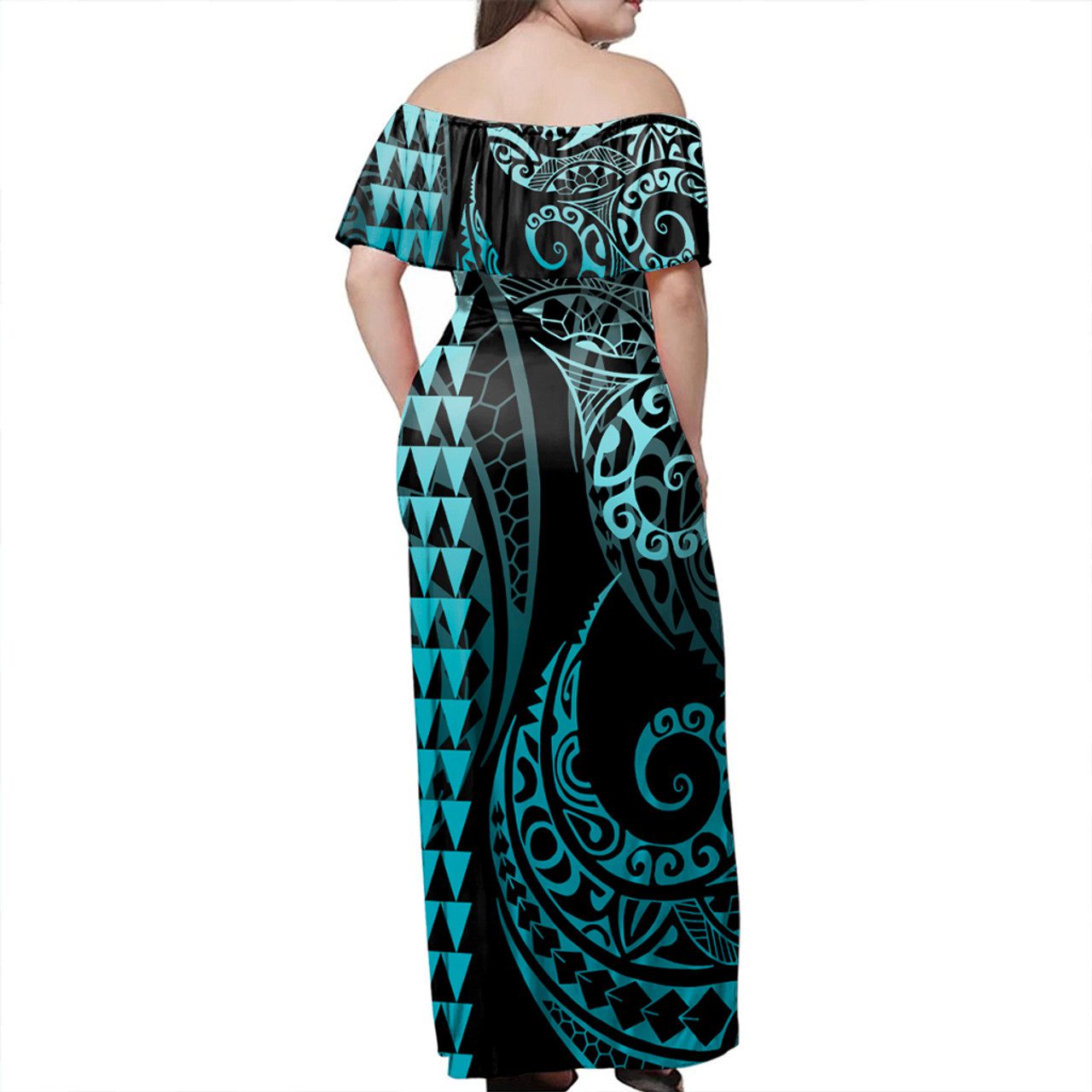 Kosrae Woman Off Shoulder Long Dress Coat Of Arms Kakau Style Turquoise