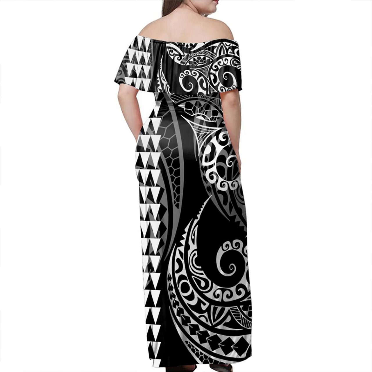 Kosrae Woman Off Shoulder Long Dress Coat Of Arms Kakau Style White
