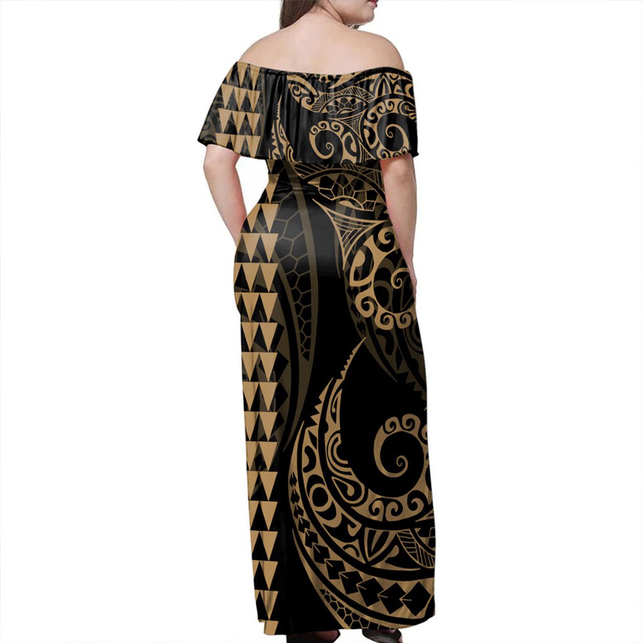 Marquesas Islands Off Shoulder Long Dress Kakau Style Gold