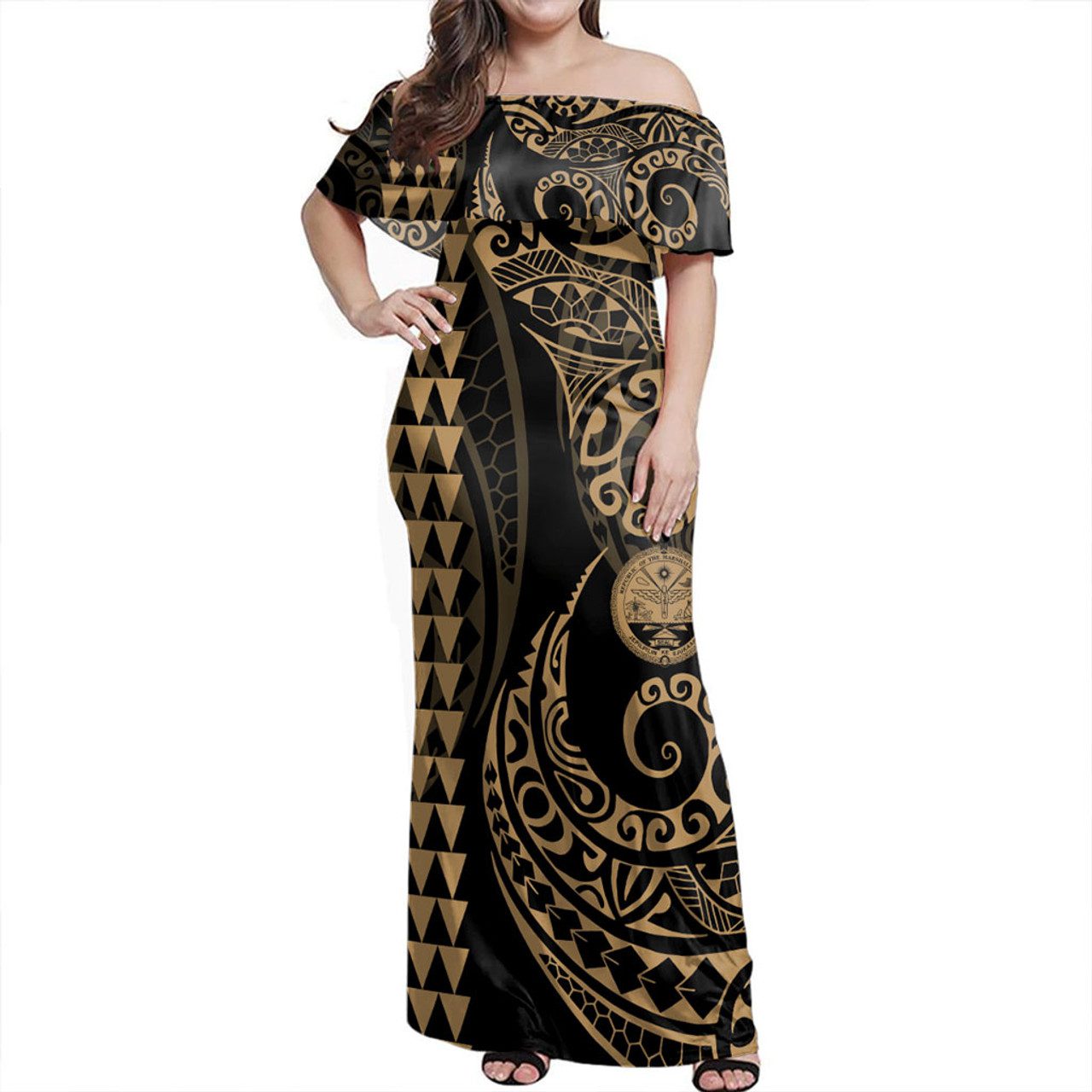Marshall Islands Off Shoulder Long Dress Kakau Style Gold