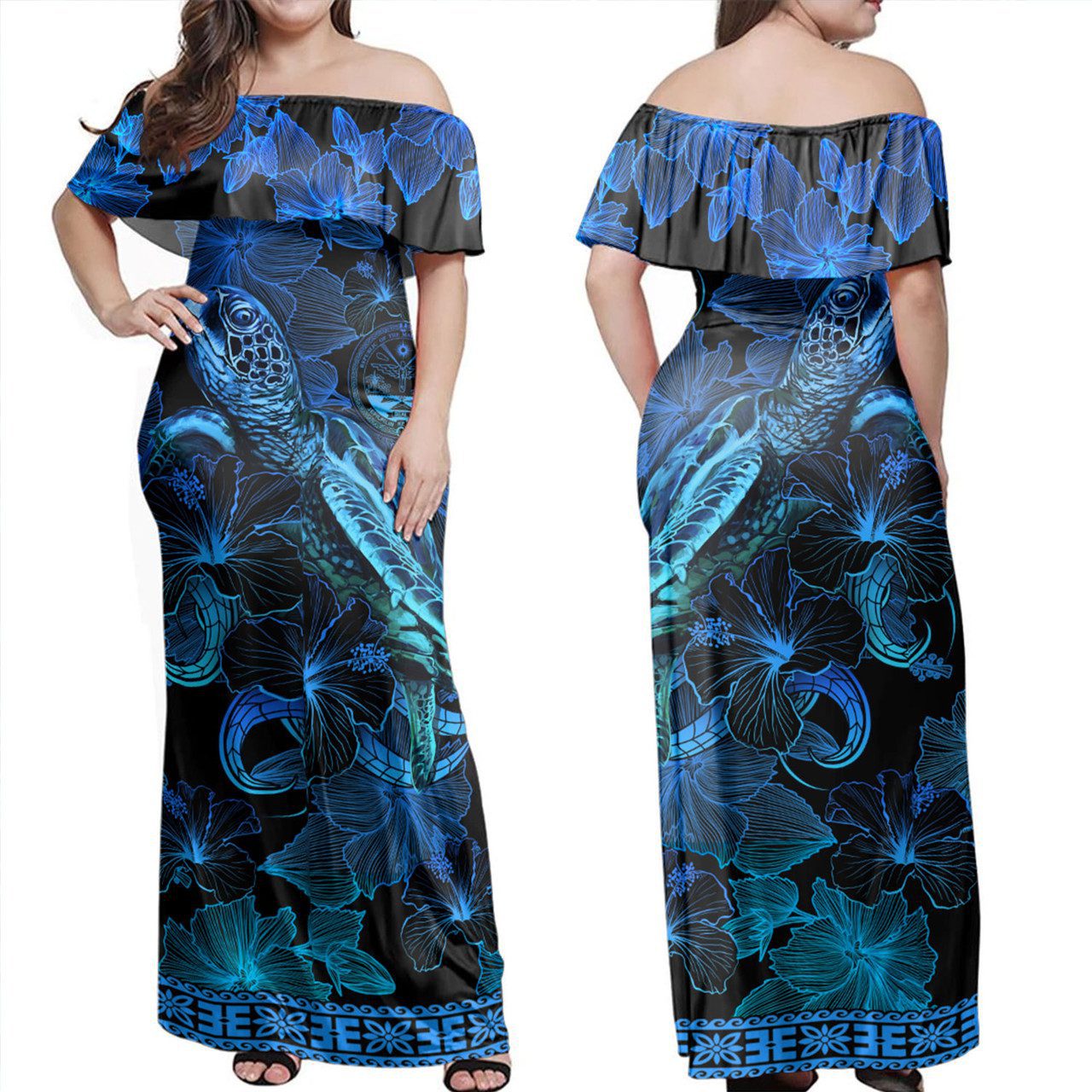 Marshall Islands Off Shoulder Long Dress Sea Turtle With Blooming Hibiscus Flowers Tribal Blue