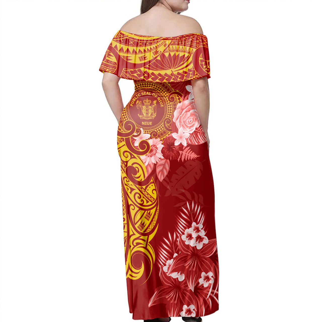 Niue Off Shoulder Long Dress Polynesian Tropical Plumeria Tribal Red