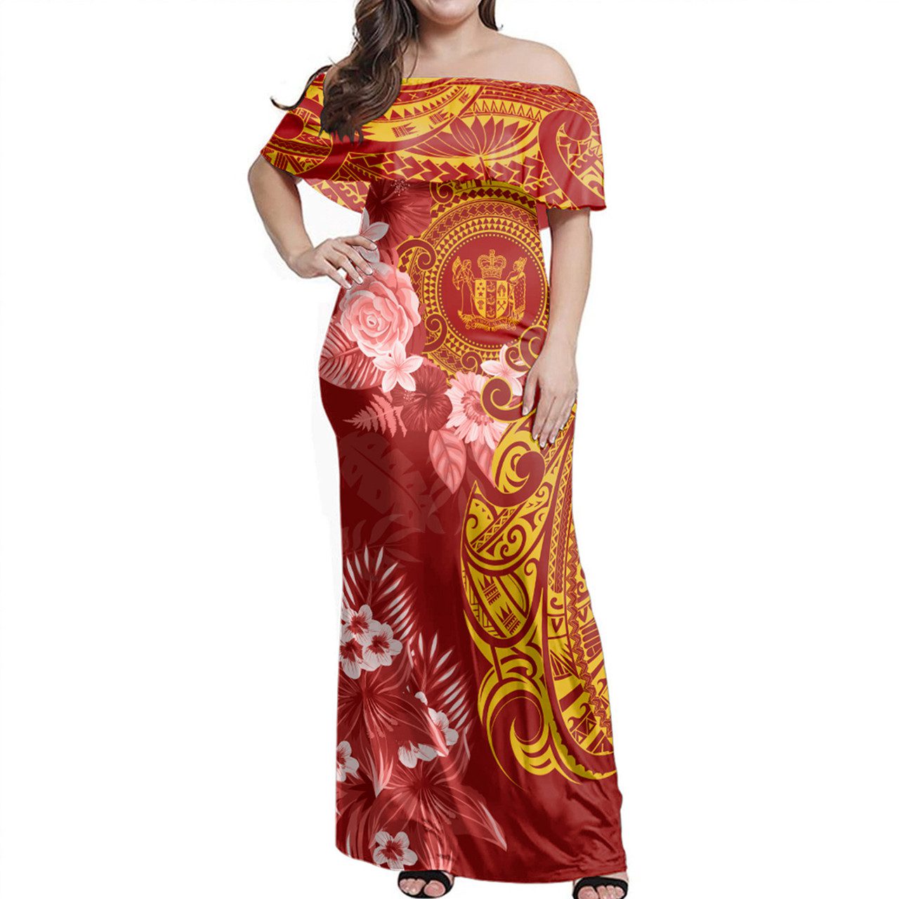 New Zealand Off Shoulder Long Dress Polynesian Tropical Plumeria Tribal Red