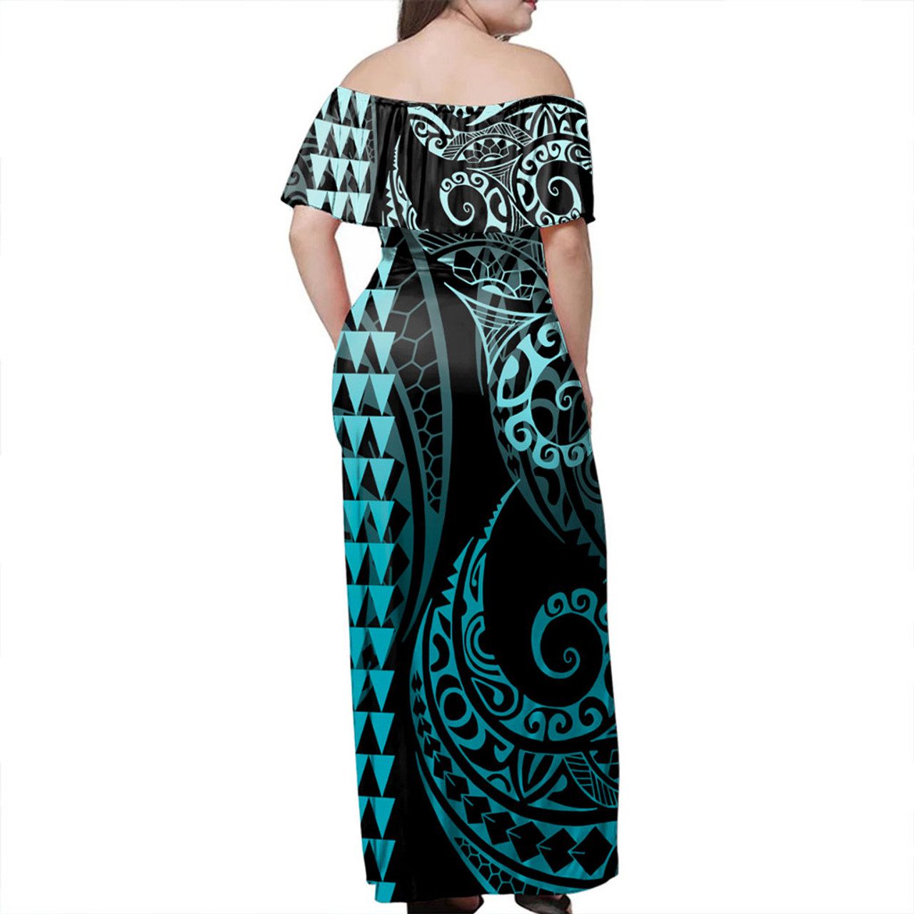 New Caledonia Off Shoulder Long Dress Kakau Style Turquoise
