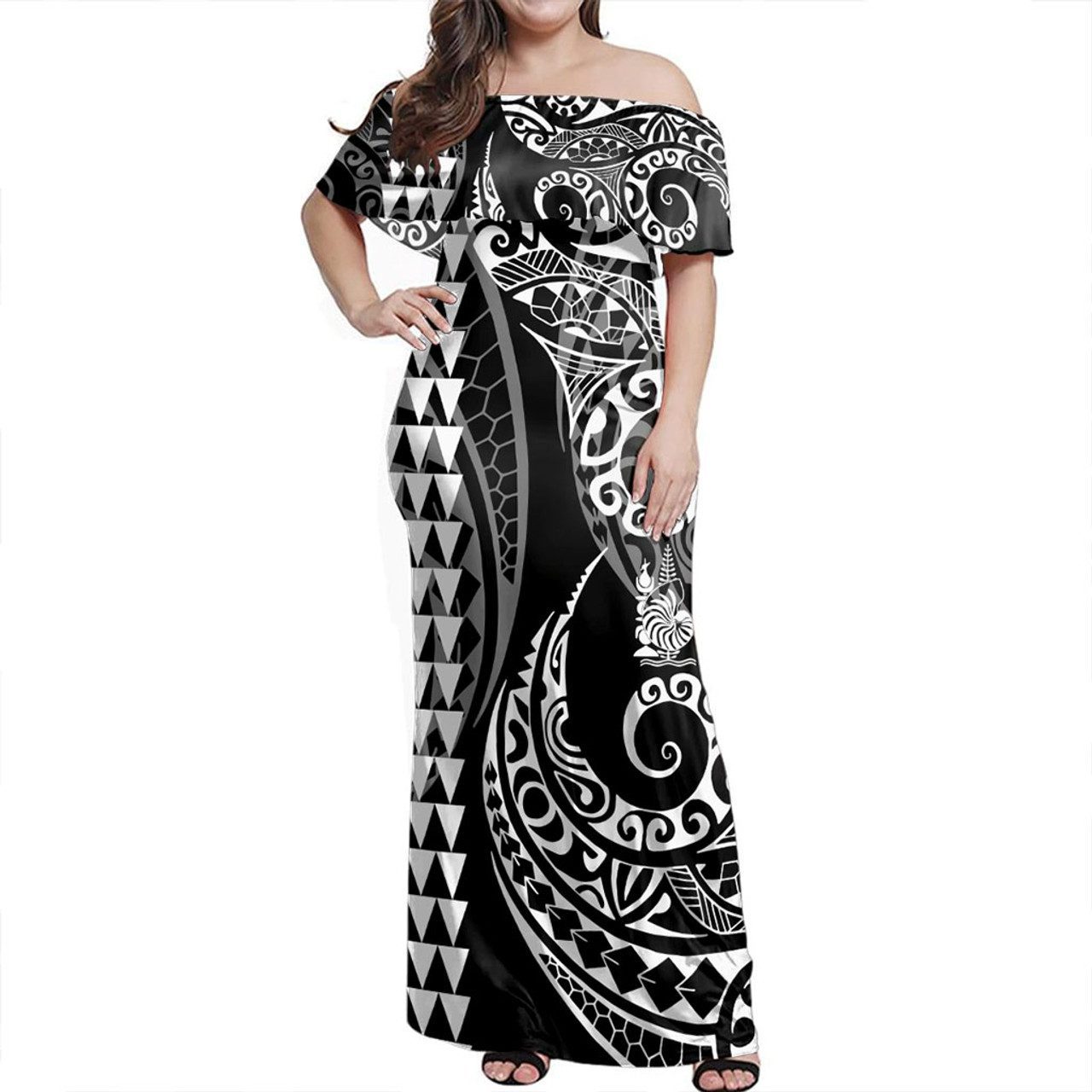 New Caledonia Off Shoulder Long Dress Kakau Style White