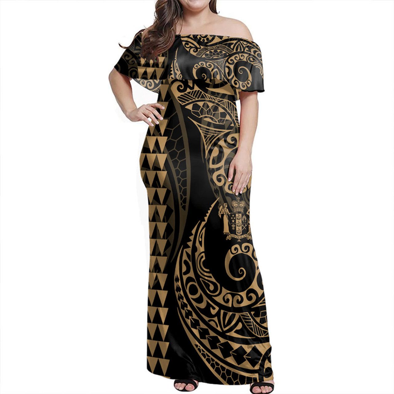 New Zealand Off Shoulder Long Dress Kakau Style Gold