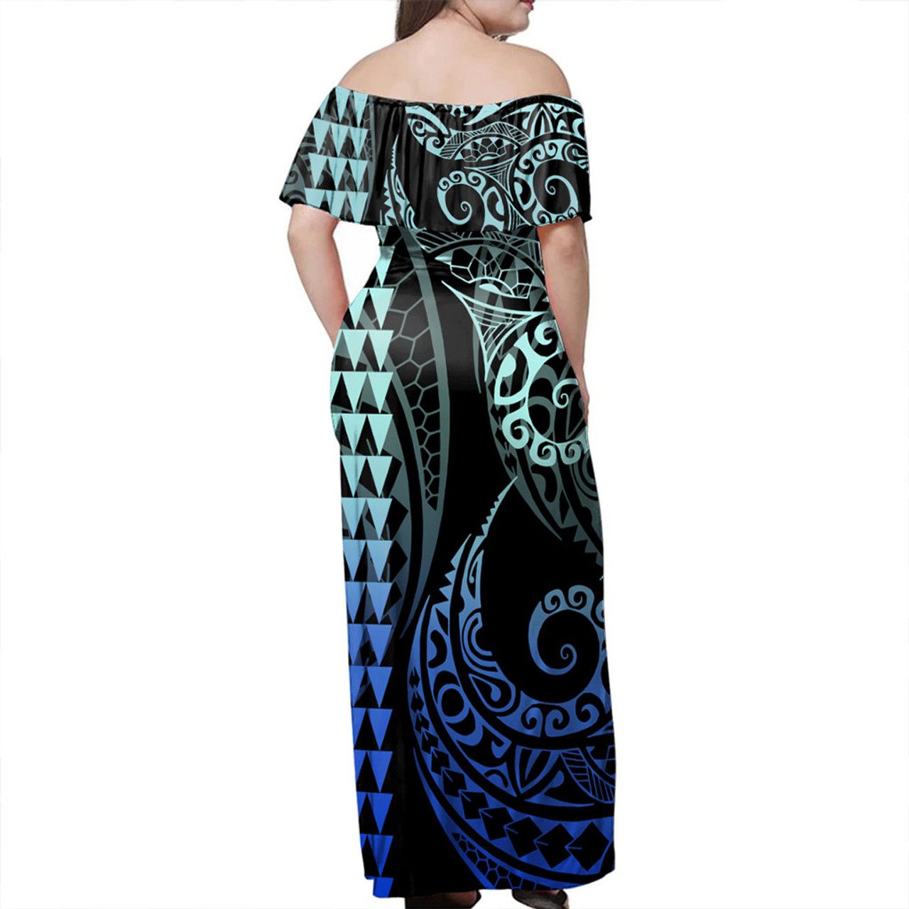 New Zealand Off Shoulder Long Dress Kakau Style Gradient Blue