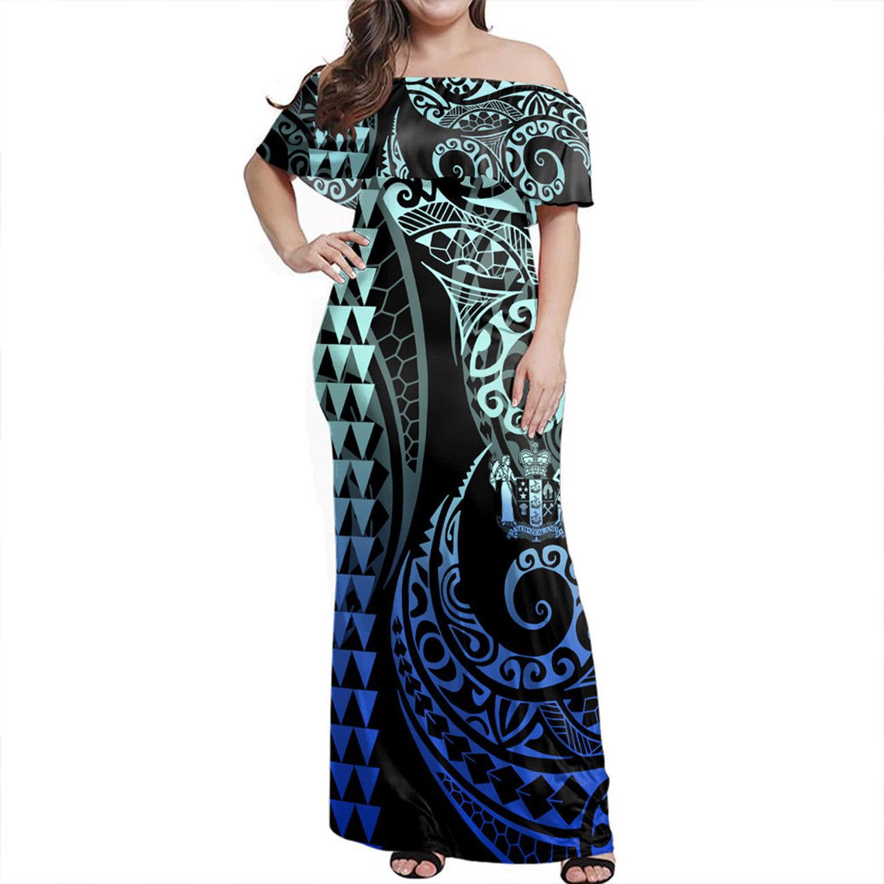 New Zealand Off Shoulder Long Dress Kakau Style Gradient Blue