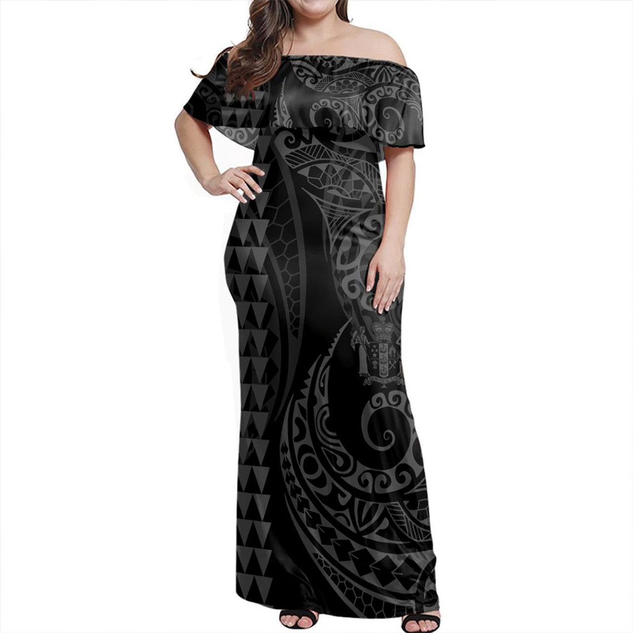 New Zealand Off Shoulder Long Dress Kakau Style Grey