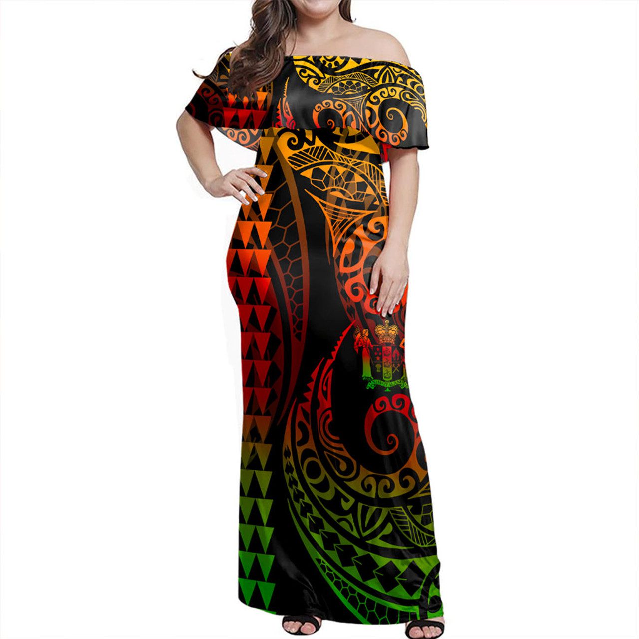 New Zealand Off Shoulder Long Dress Kakau Style Reggae