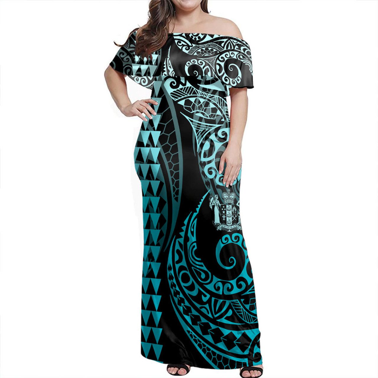 New Zealand Off Shoulder Long Dress Kakau Style Turquoise