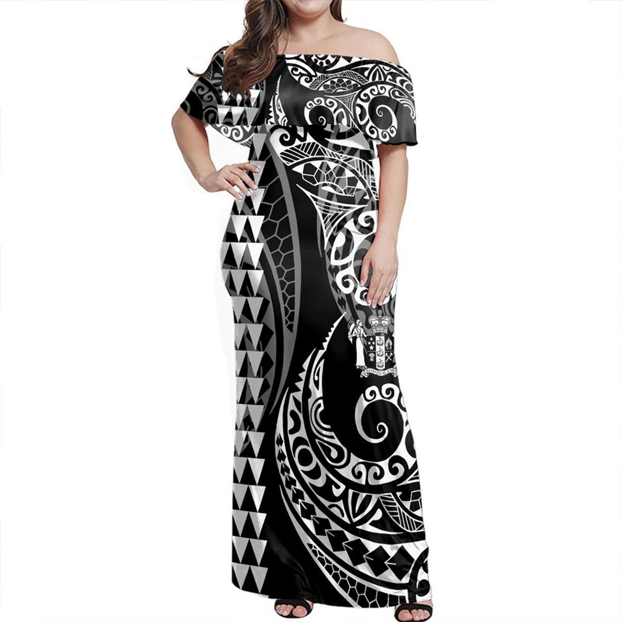 New Zealand Off Shoulder Long Dress Kakau Style White