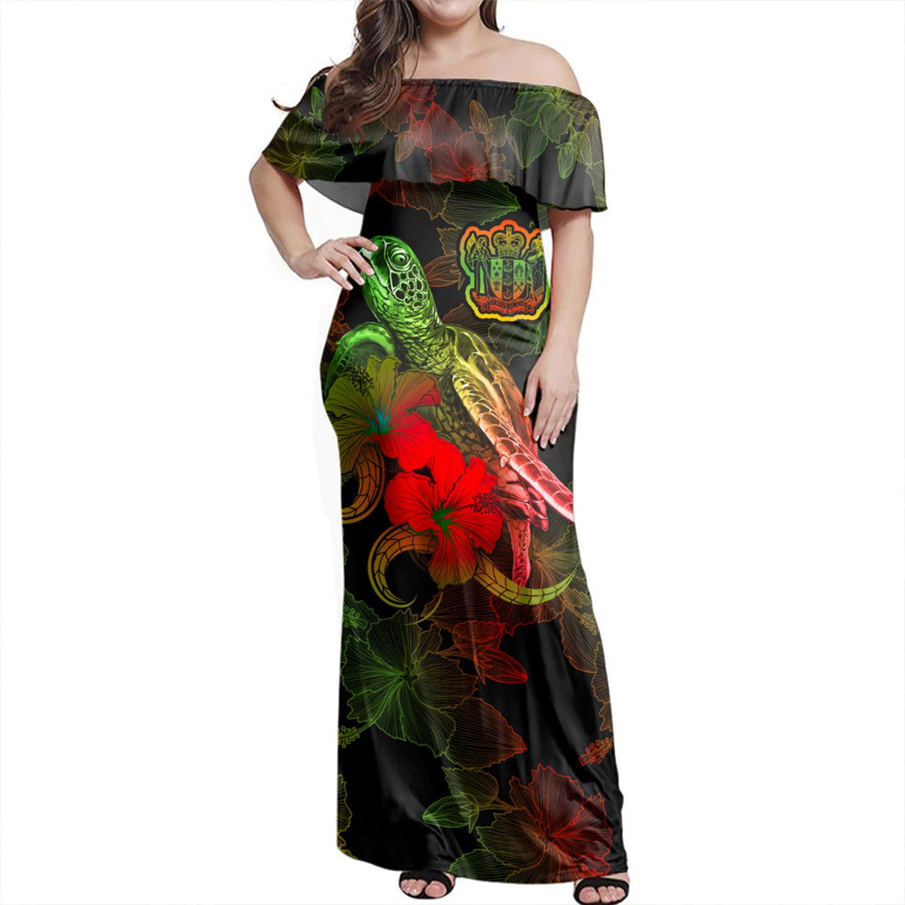 New Zealand Woman Off Shoulder Long Dress – Sea Turtle With Blooming Hibiscus Flowers Reggae