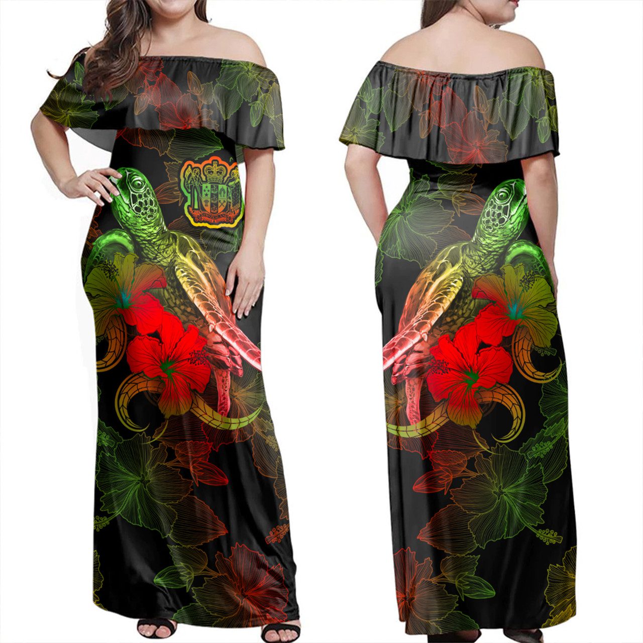 New Zealand Woman Off Shoulder Long Dress – Sea Turtle With Blooming Hibiscus Flowers Reggae