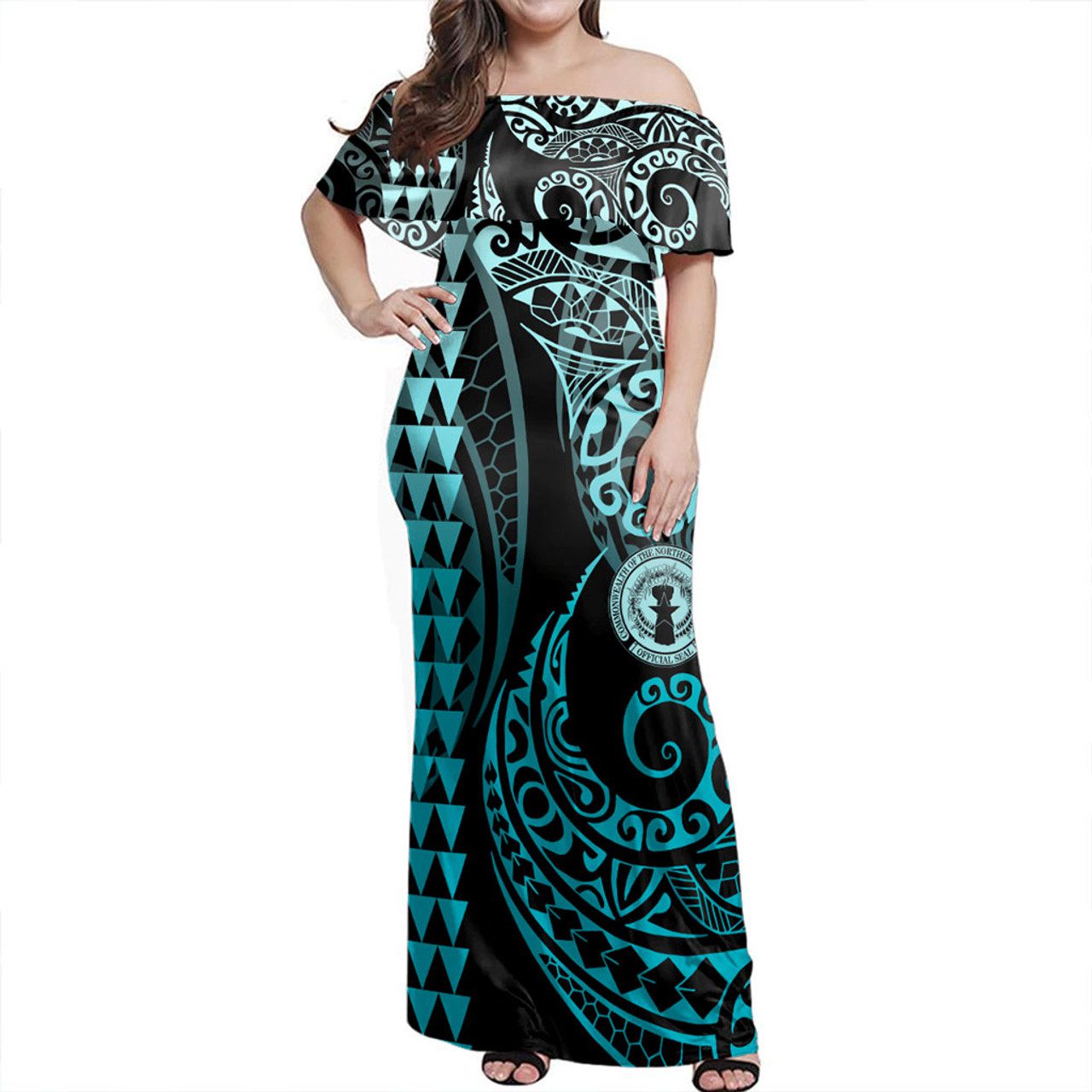 Northern Mariana Islands Off Shoulder Long Dress Kakau Style Turquoise