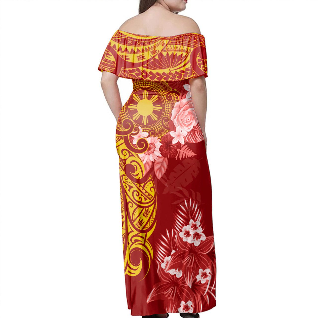 Philippines Filipinos Off Shoulder Long Dress Polynesian Tropical Plumeria Tribal Red