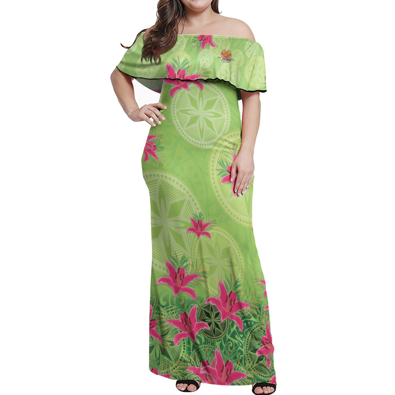 Papua New Guinea Off Shoulder Long Dress Lilies With Polynesian Pattern