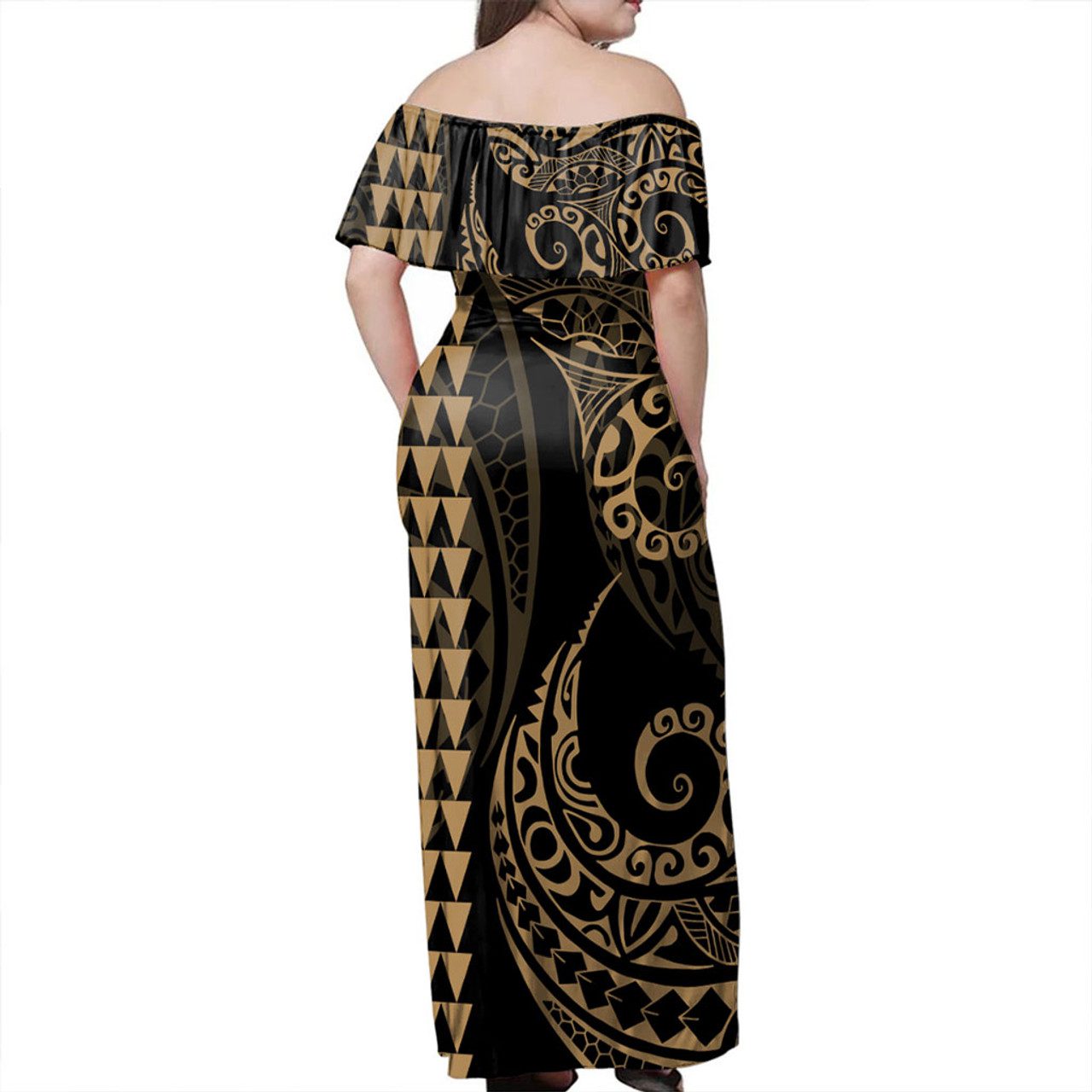 Palau Off Shoulder Long Dress Kakau Style Gold