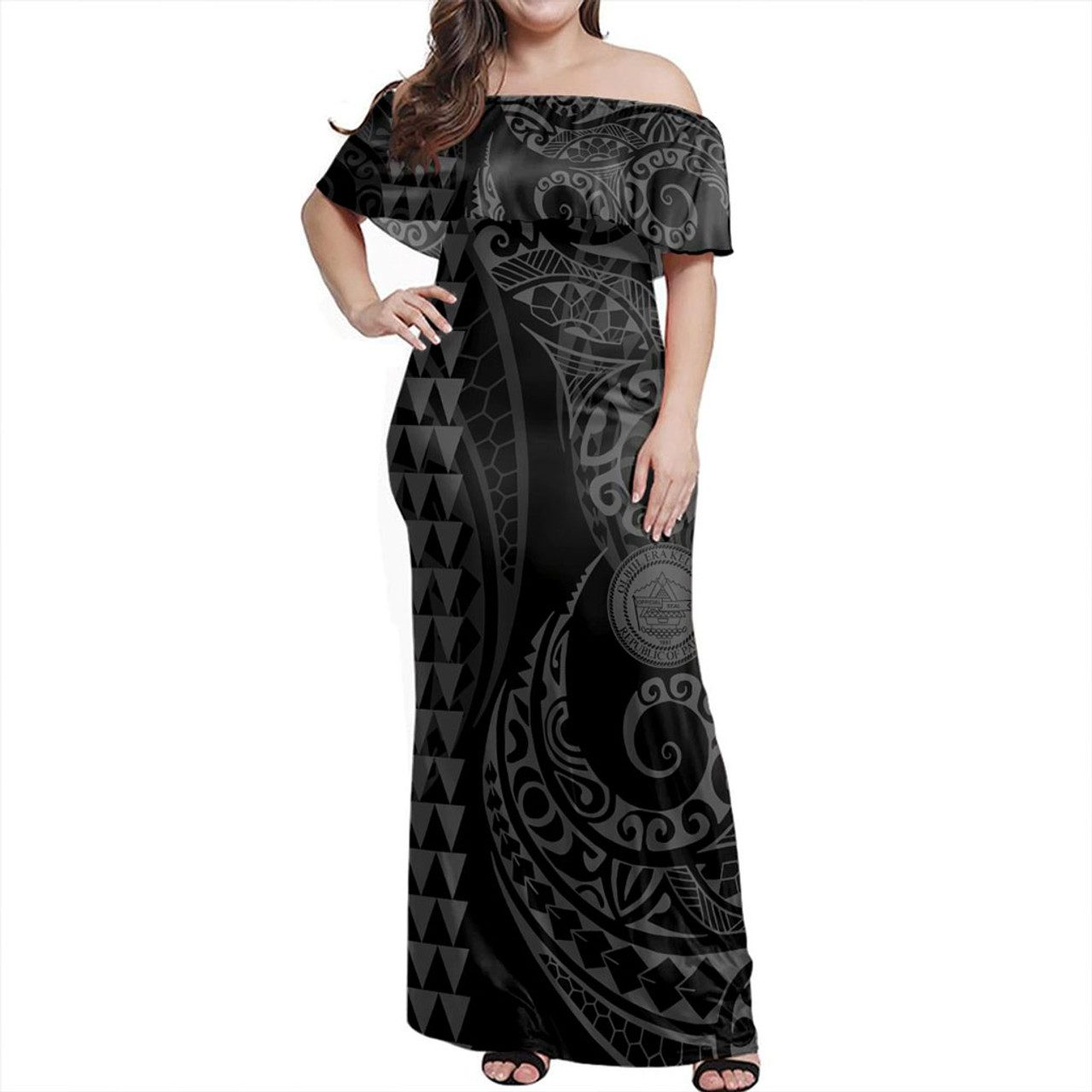 Palau Off Shoulder Long Dress Kakau Style Grey