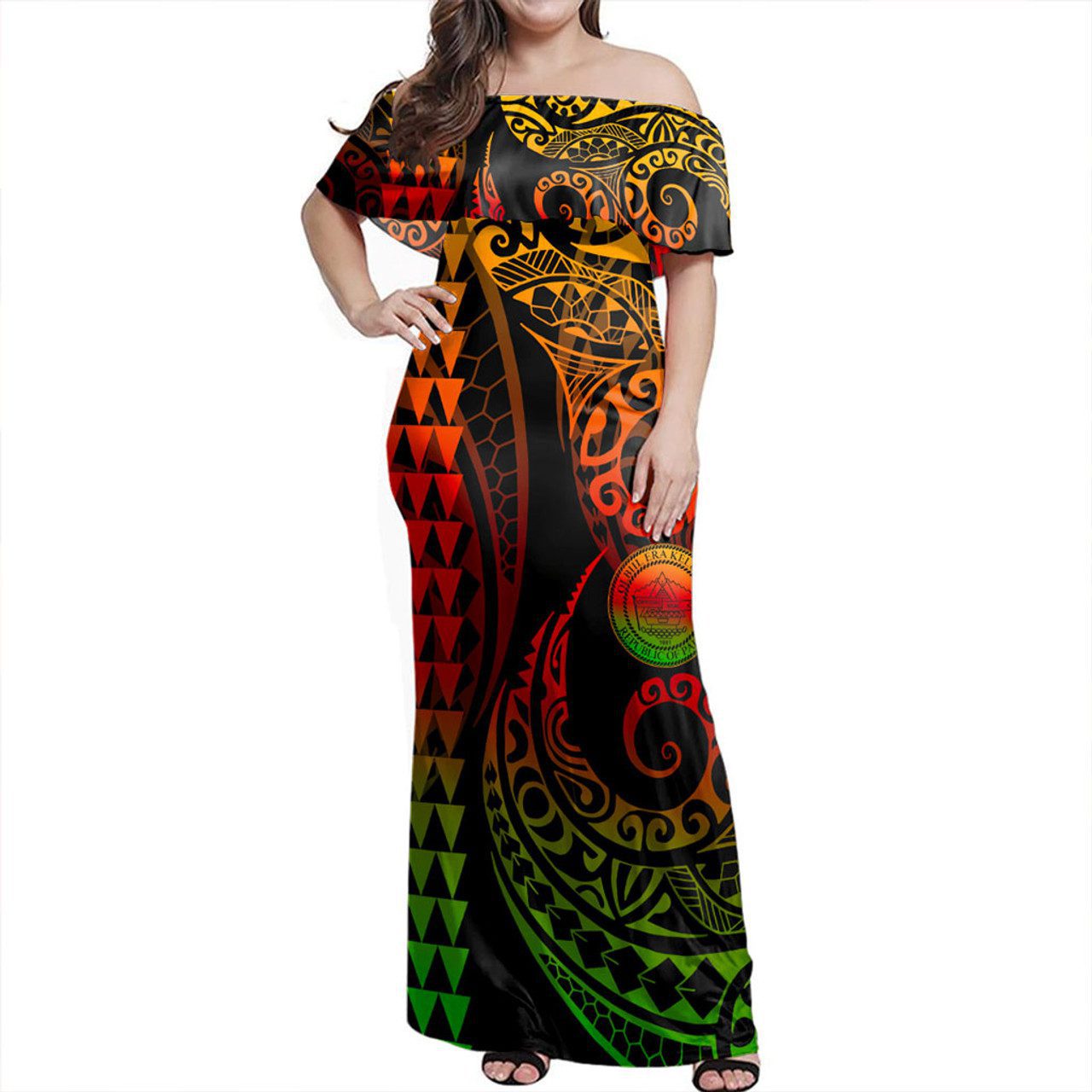 Palau Off Shoulder Long Dress Kakau Style Reggae