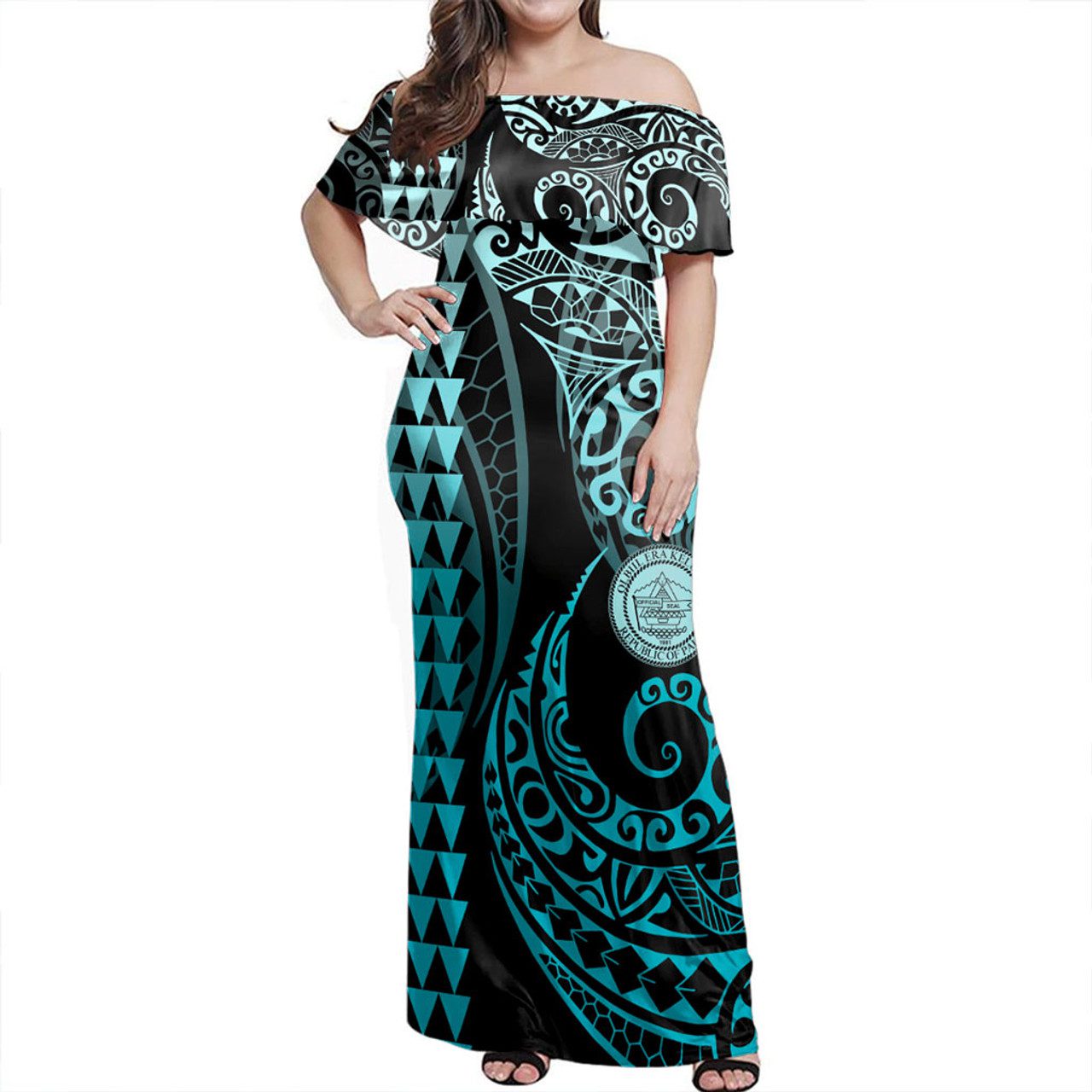 Palau Off Shoulder Long Dress Kakau Style Turquoise