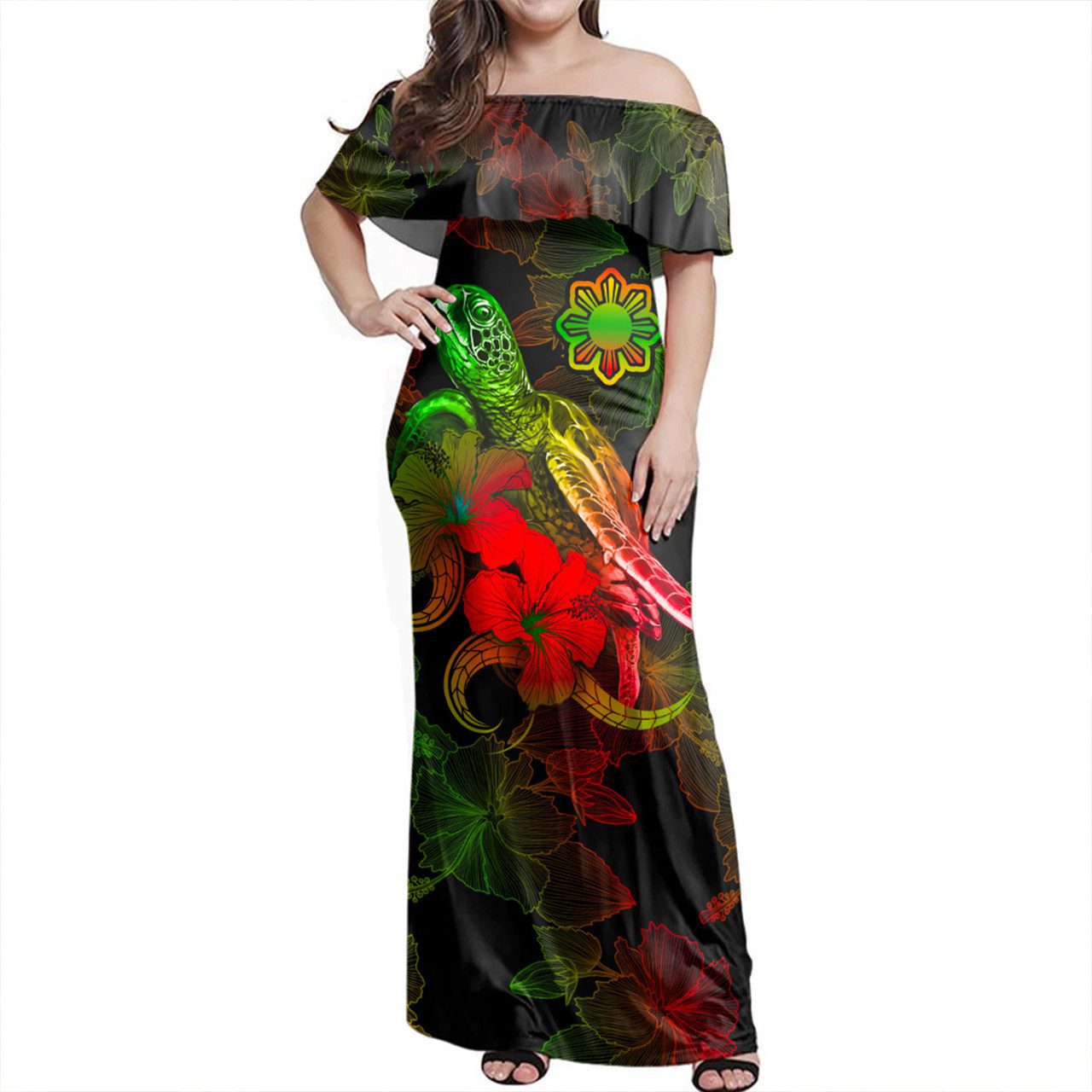 Philippines Filipinos Woman Off Shoulder Long Dress – Sea Turtle With Blooming Hibiscus Flowers Reggae