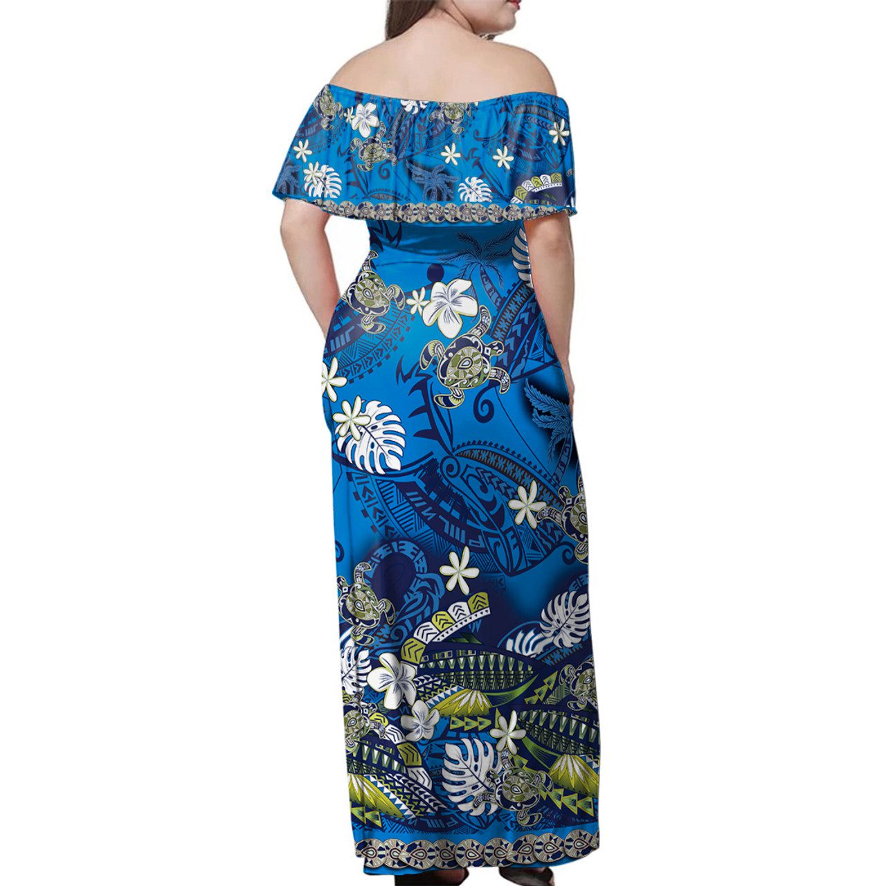 Hawaii Off Shoulder Long Dress Polynesia Floral And Tribal Islands Blue