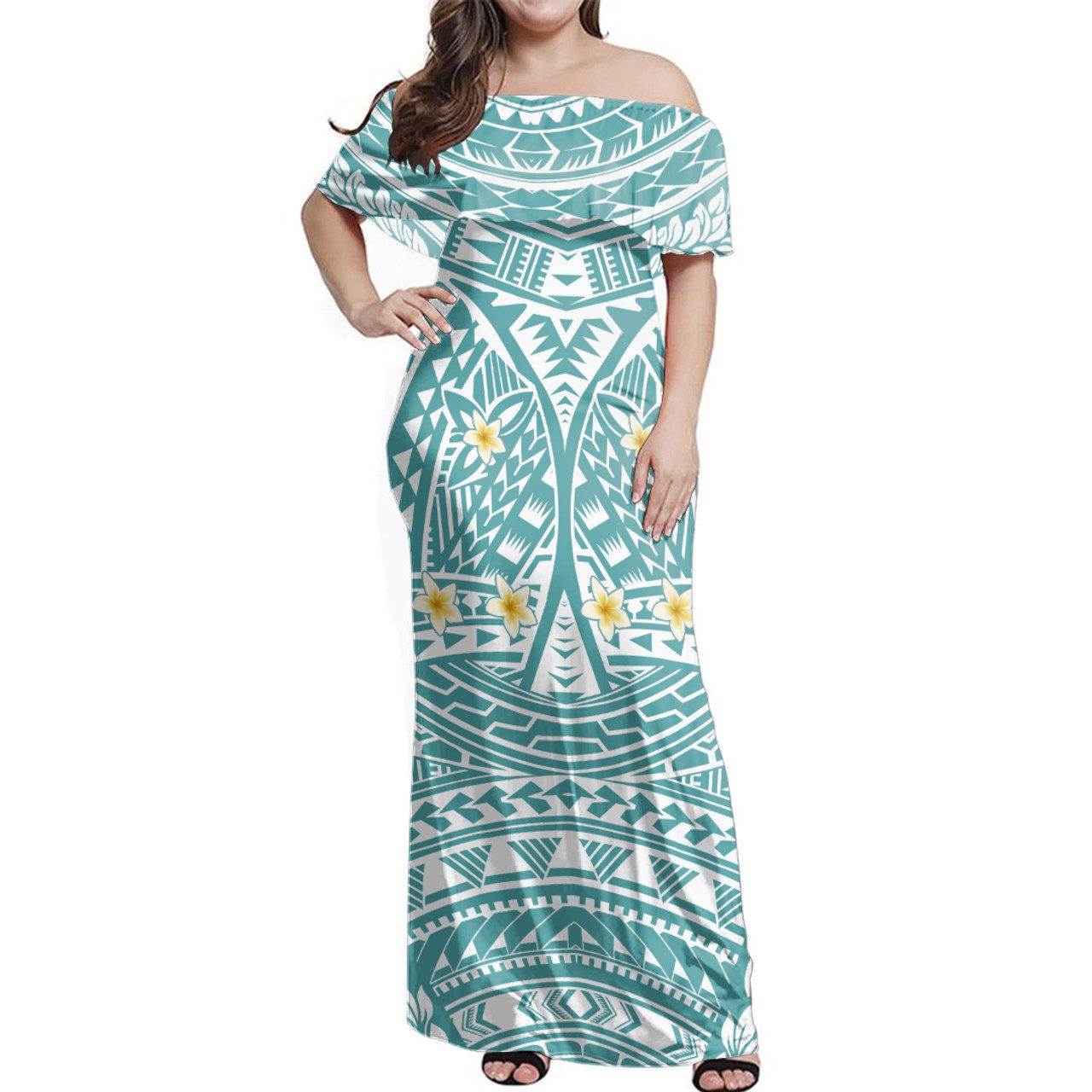Polynesian Woman Off Shoulder Long Dress Little Plumeria