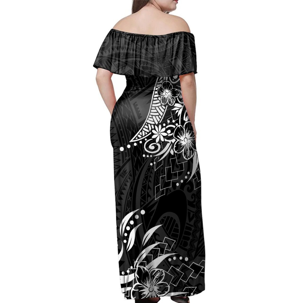 Samoa Woman Off Shoulder Long Dress Tribal Hibiscus Fabric