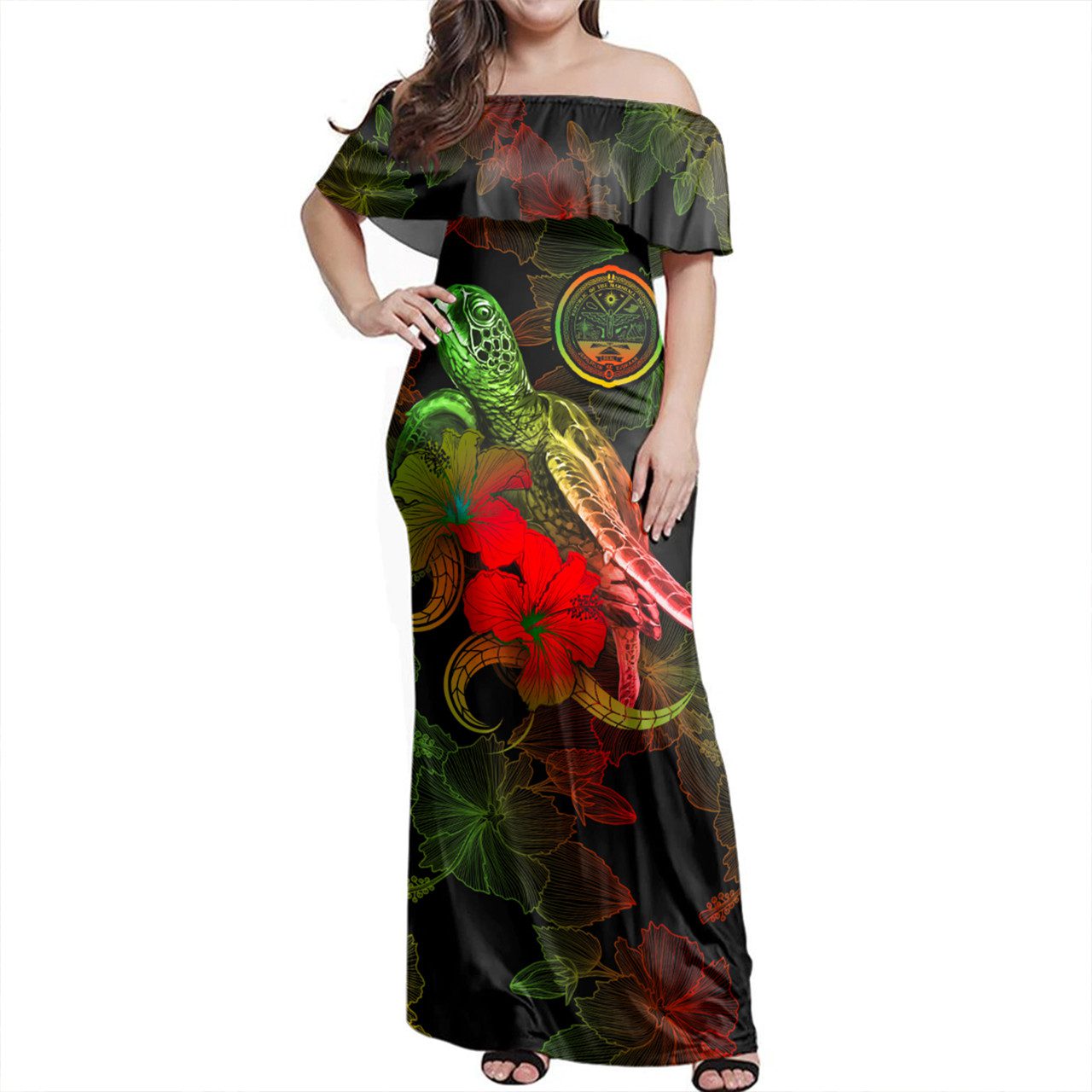 Marshall Islands Woman Off Shoulder Long Dress – Sea Turtle With Blooming Hibiscus Flowers Reggae