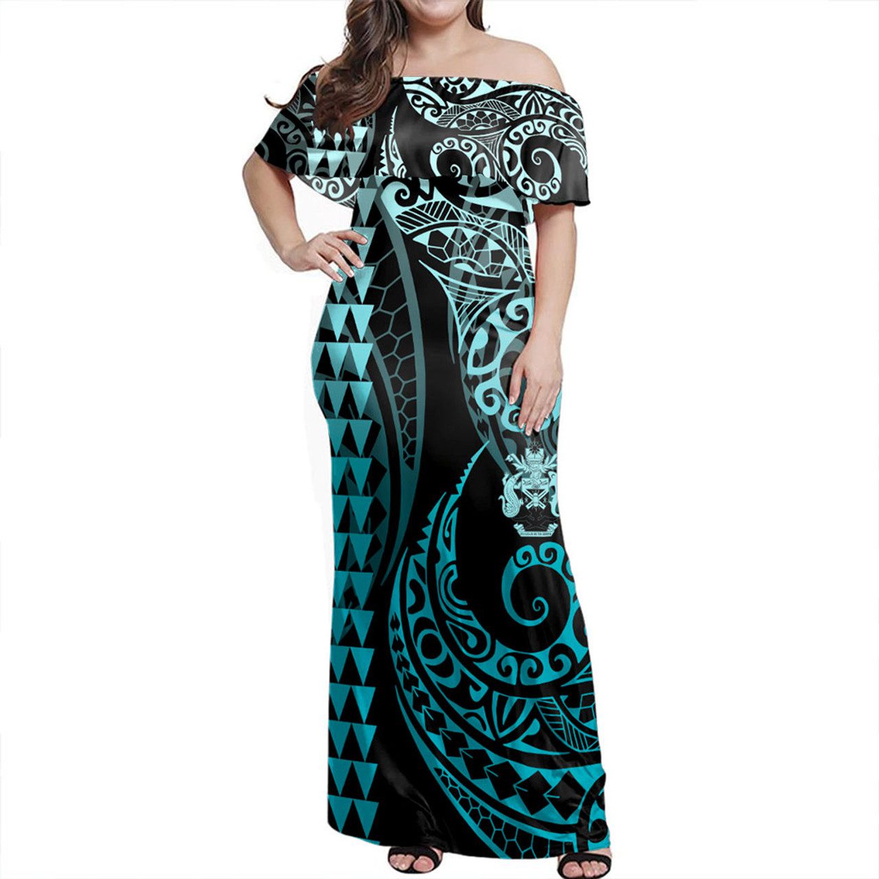 Solomon Islands Off Shoulder Long Dress Kakau Style Turquoise