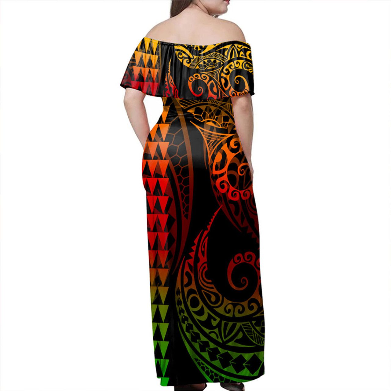 Solomon Islands Off Shoulder Long Dress Kakau Style Reggae