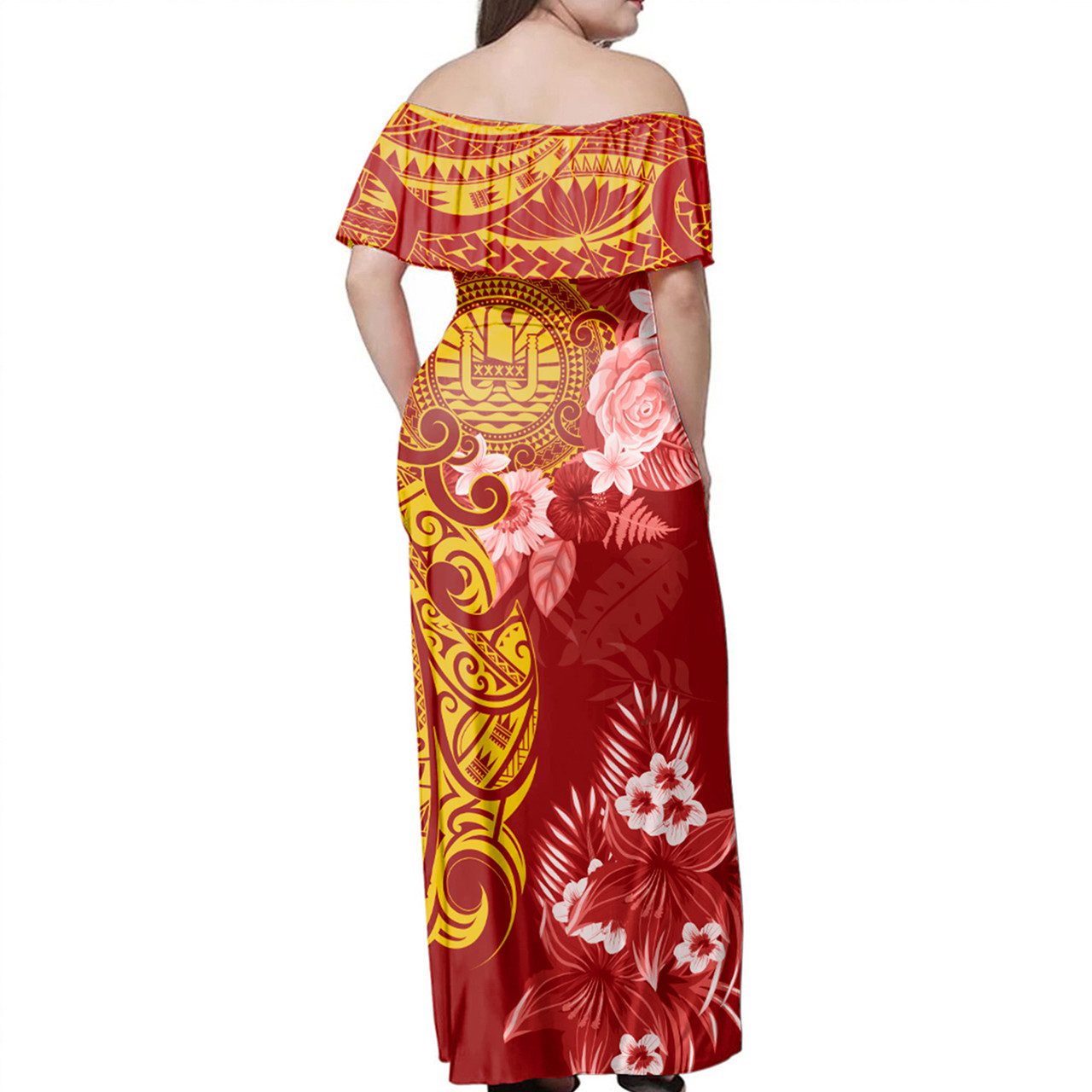 Tahiti Off Shoulder Long Dress Polynesian Tropical Plumeria Tribal Red