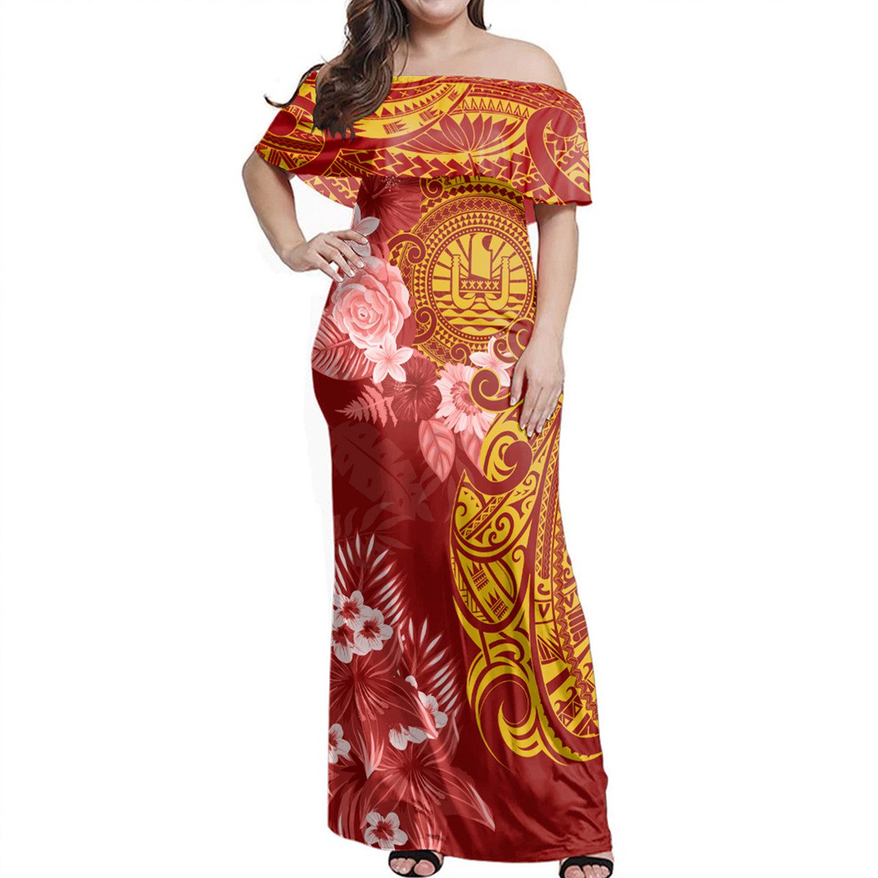 Tahiti Off Shoulder Long Dress Polynesian Tropical Plumeria Tribal Red