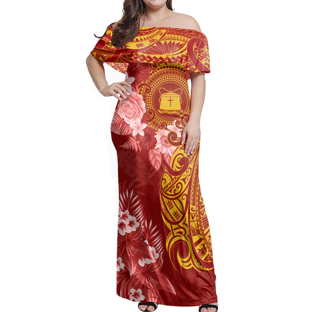 Tokelau Off Shoulder Long Dress Polynesian Tropical Plumeria Tribal Red