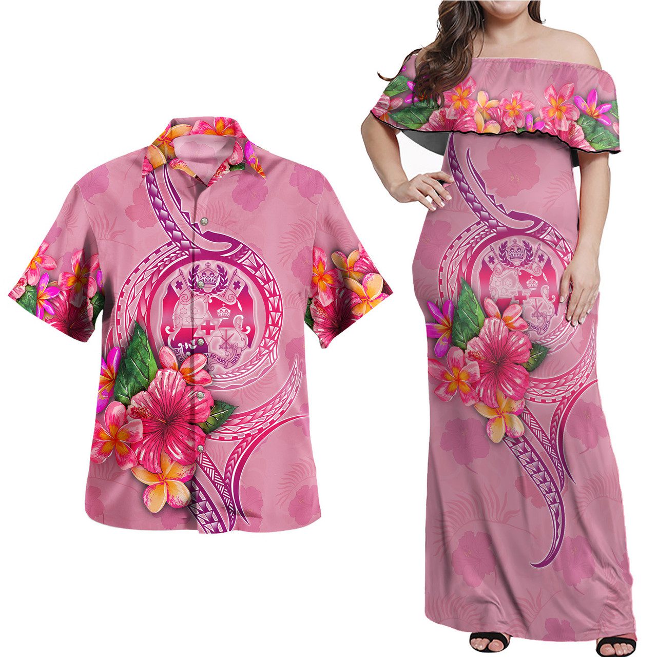 Tonga Combo Off Shoulder Long Dress And Shirt Floral With Seal Pink