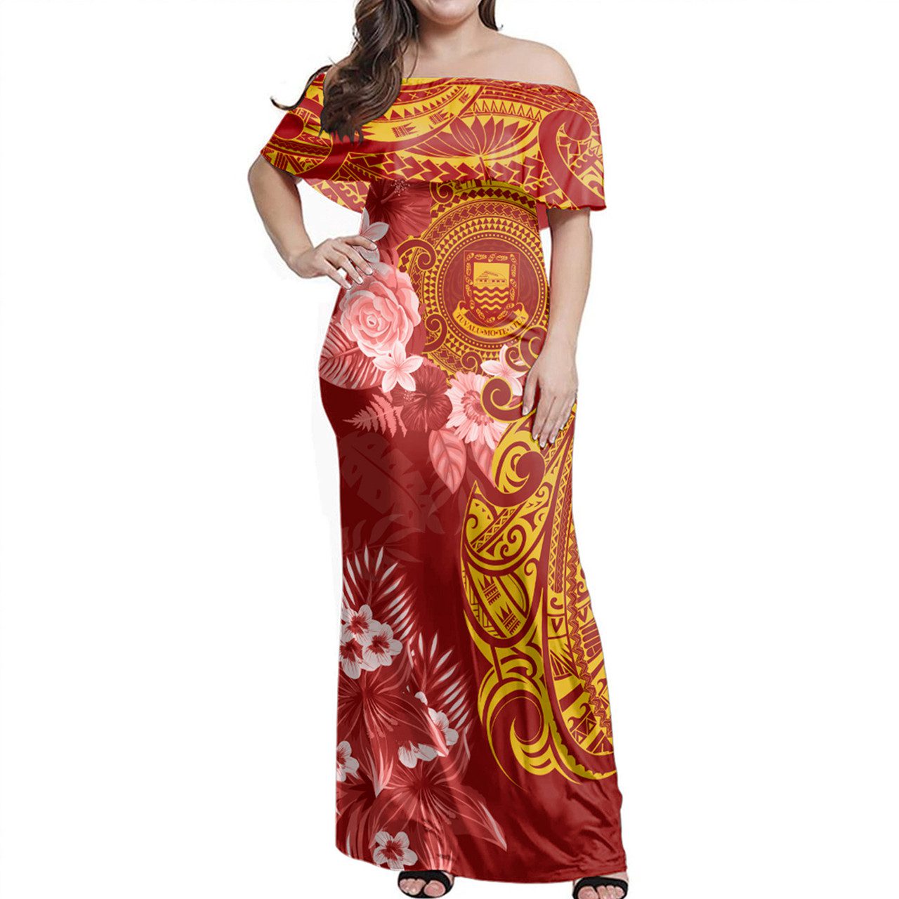 Tuvalu Off Shoulder Long Dress Polynesian Tropical Plumeria Tribal Red