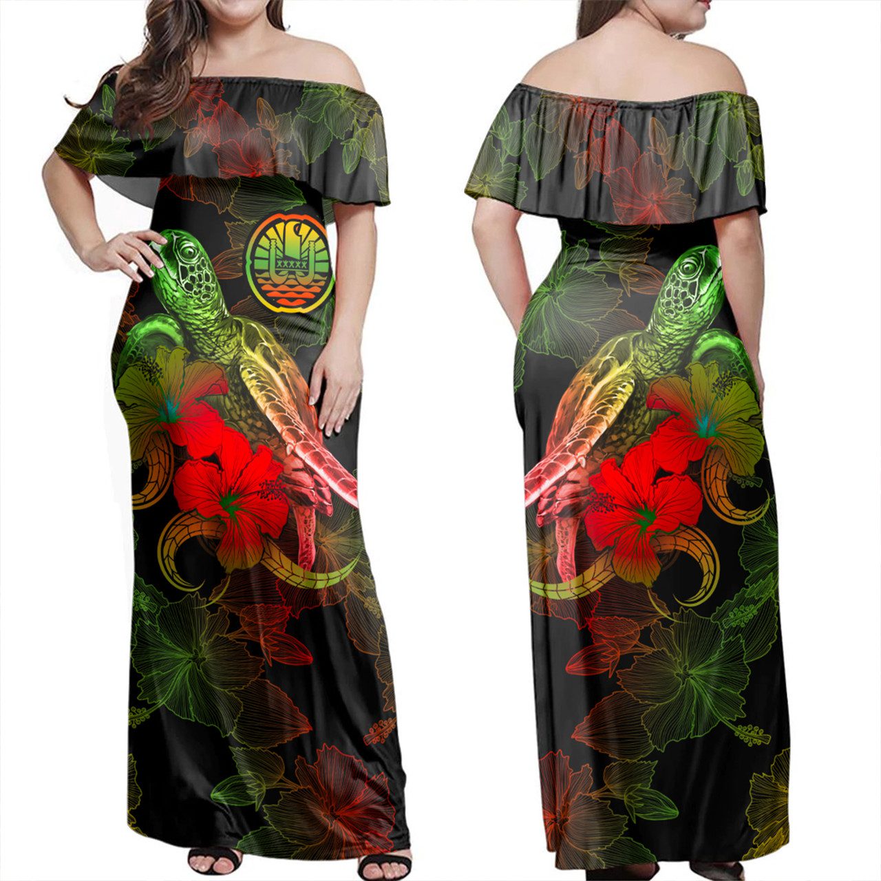 French Polynesia Woman Off Shoulder Long Dress – Sea Turtle With Blooming Hibiscus Flowers Reggae