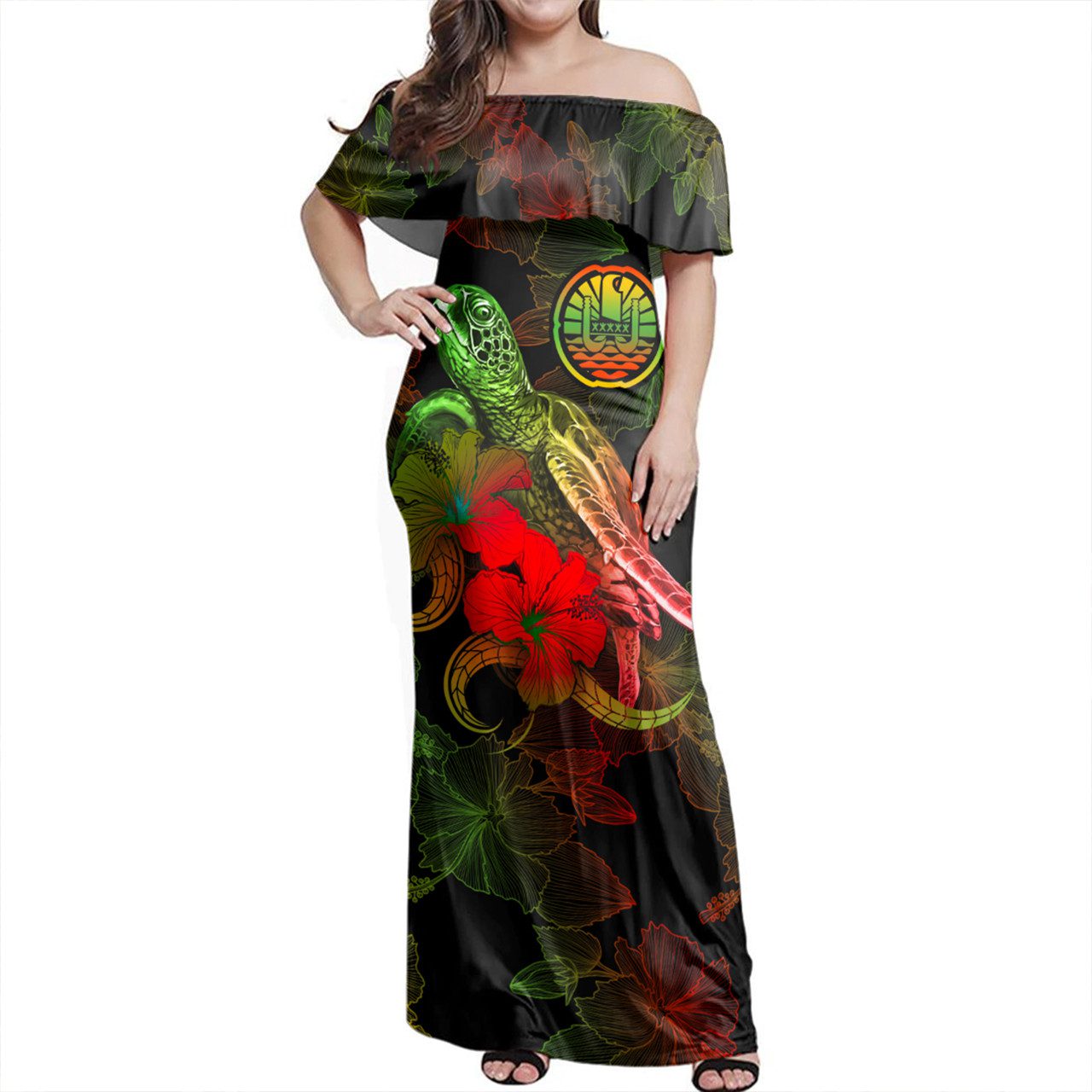 French Polynesia Woman Off Shoulder Long Dress – Sea Turtle With Blooming Hibiscus Flowers Reggae