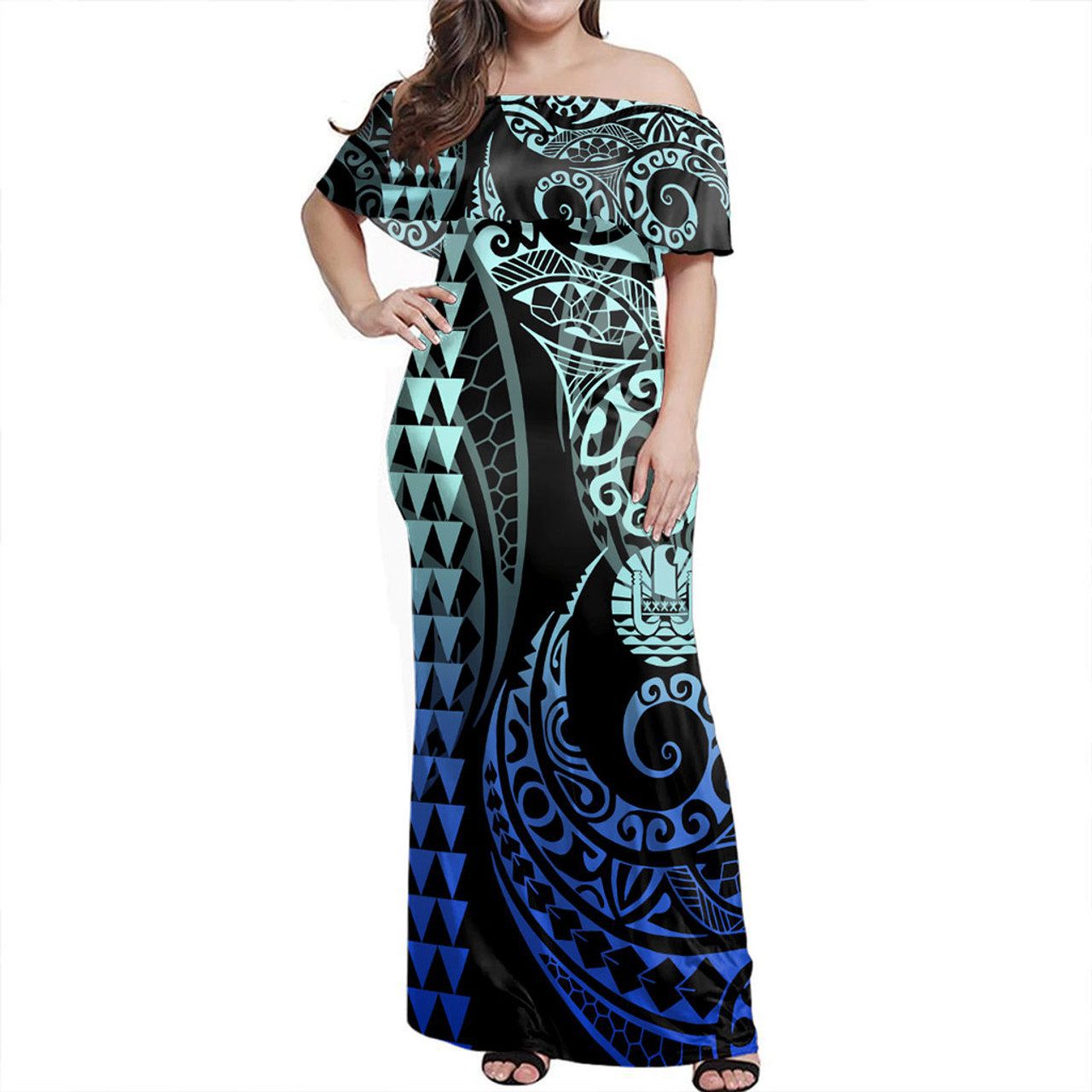 Tahiti Off Shoulder Long Dress Kakau Style Gradient Blue