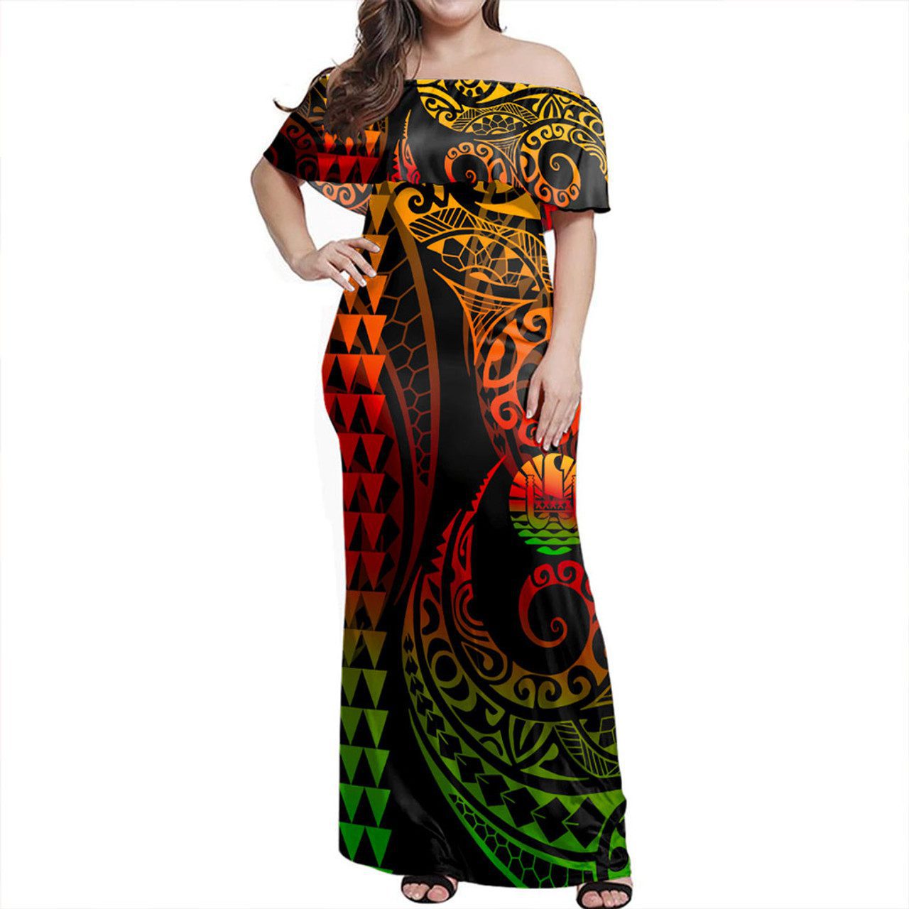 Tahiti Off Shoulder Long Dress Kakau Style Reggae